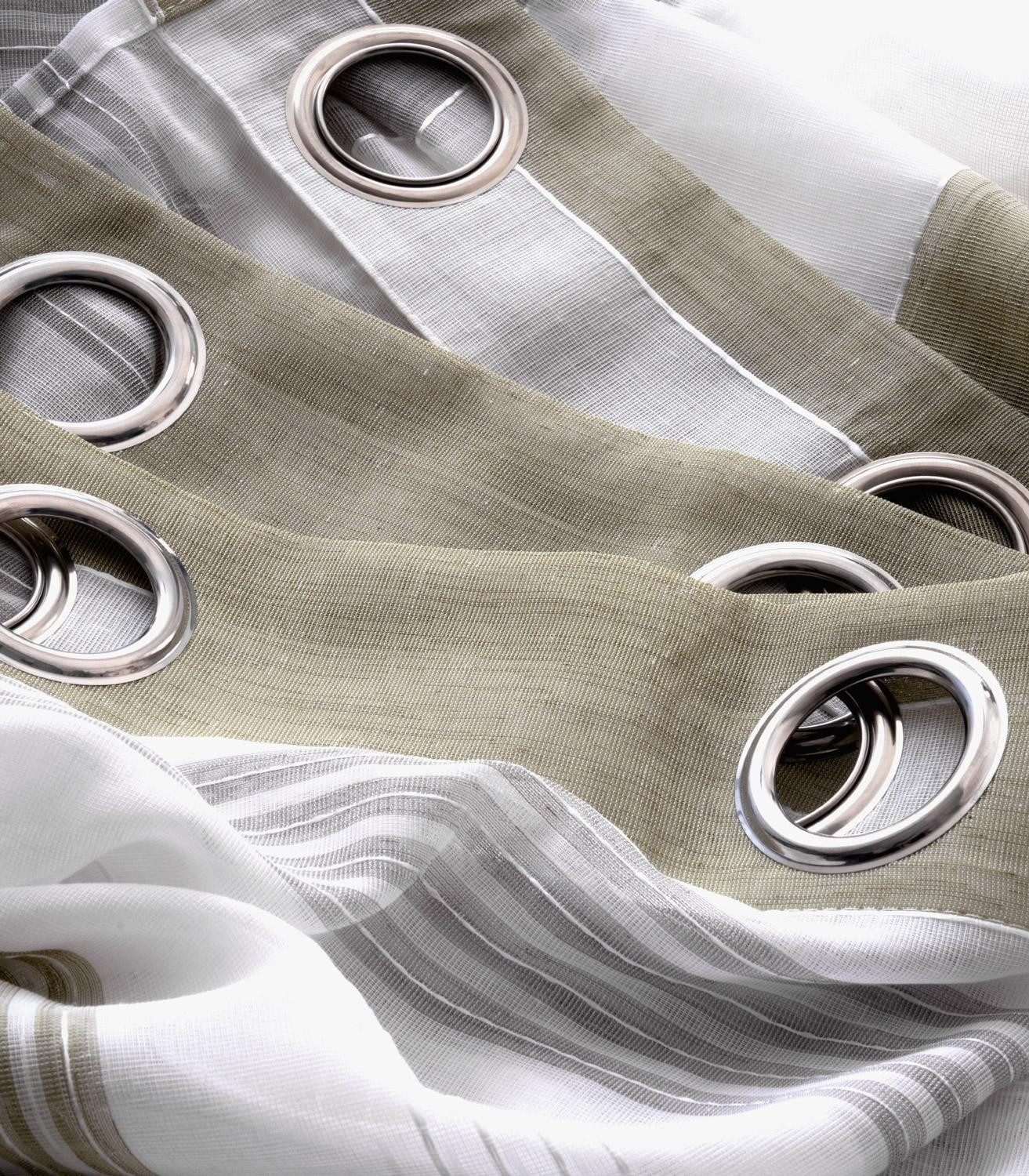 Home4You Vorhang, 140 x 245 cm, Grau, Grün, Weiß, Polyester, Ösen, halbtransparent, Polyester, Halbtransparent, Querstreifen