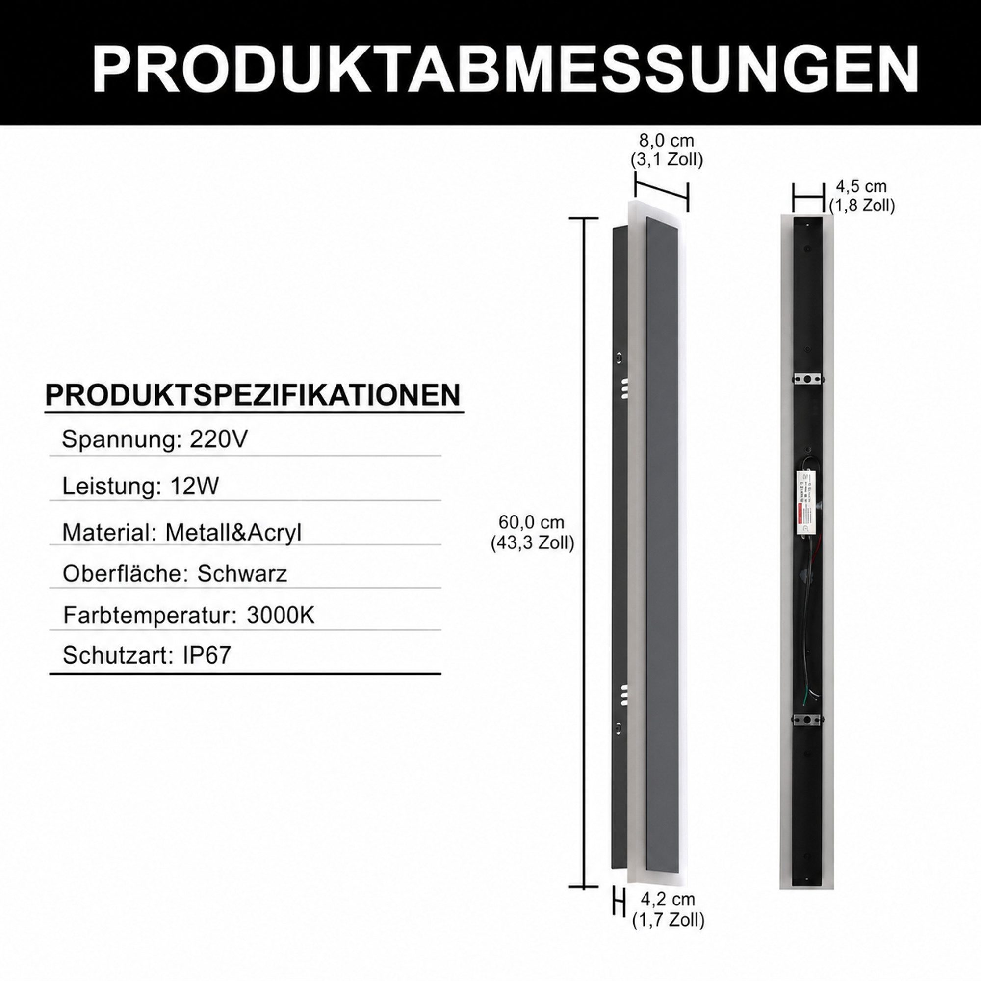 LOHAS-LED Außen-Wandleuchte Lange IP67 Außenwandleuchte 12W 3000K warmweiß aus Metall & Acryl, LED fest integriert, Warmweiß, Wetterfest, temperatur- und schneebeständig für Garten, Terrasse