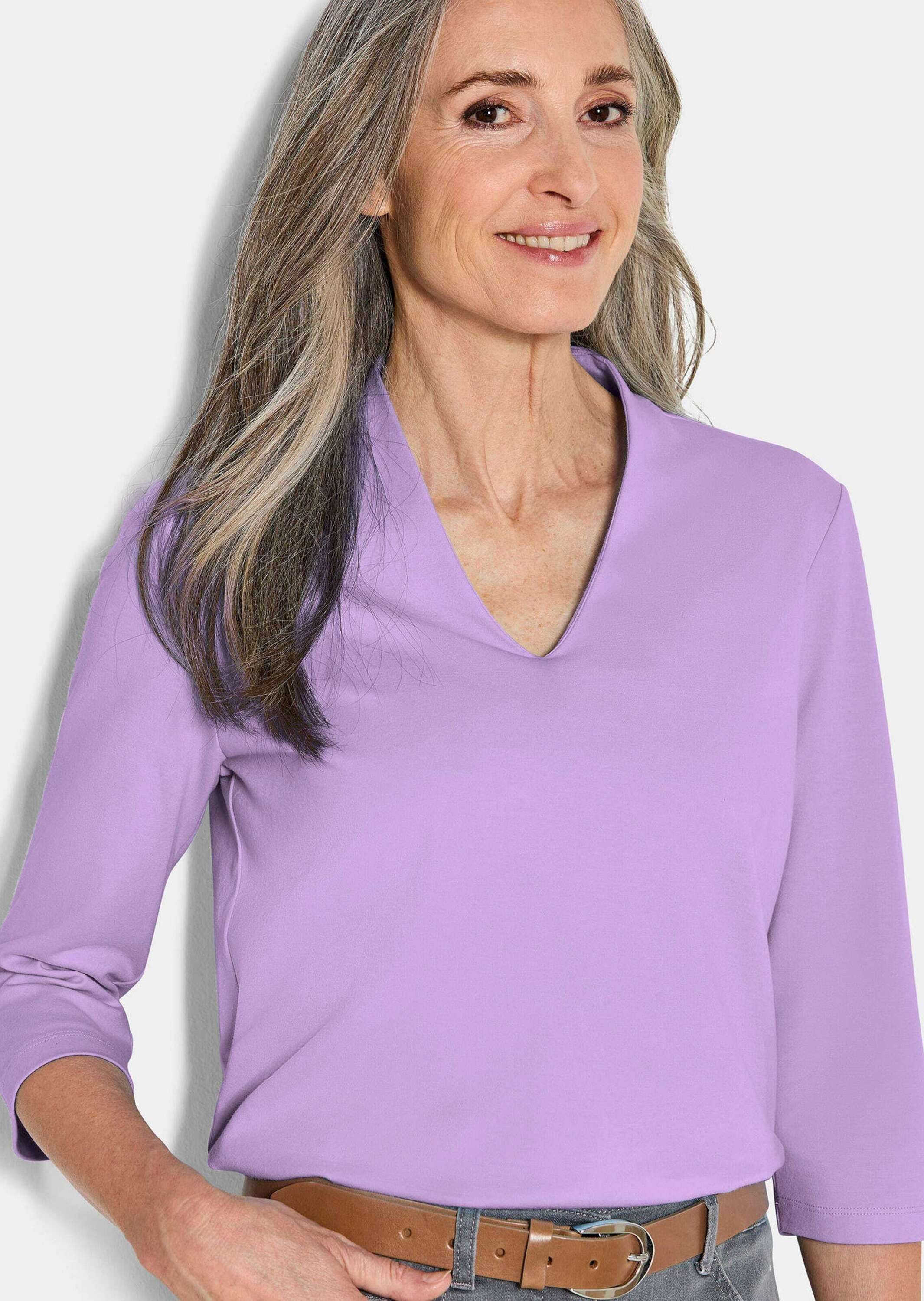 GOLDNER Print-Shirt Elegantes Basic-Shirt mit V-Ausschnitt Zeitloses Halbarmshirt mit schmeichelndem Ausschnitt, reine Baumwolle