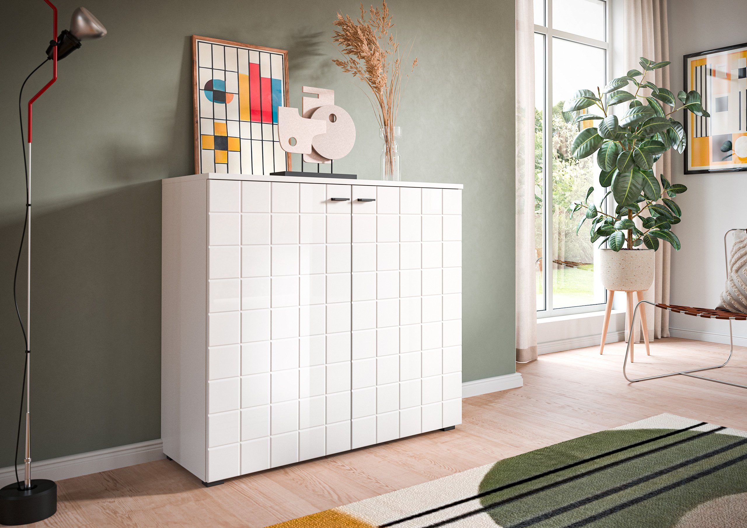 Newroom Kommode Weiß 86 cm, Kommode Weiß Hochglanz Sideboard Highboard Modern Elegant Wohnzimm...