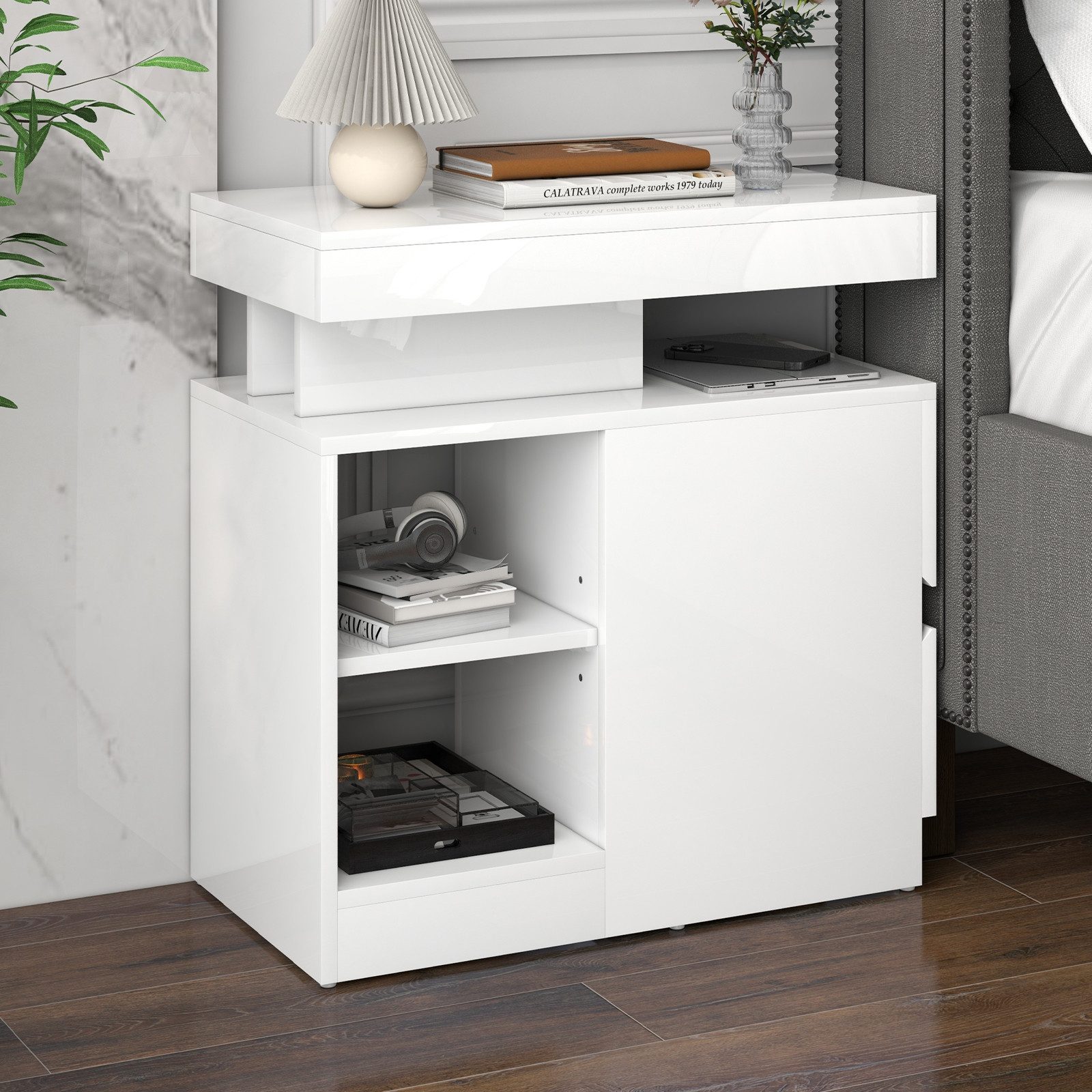 JOIVI Beistelltisch Moderner Beistelltisch im Hochglanz (Wohnzimmertisch in 60 x 32 x 65.2 cm, Kaffeetisch mit 2 Schuhbladen), Sofatisch für Wohnzimmer, Schlafzimmer, Büro, Weiß