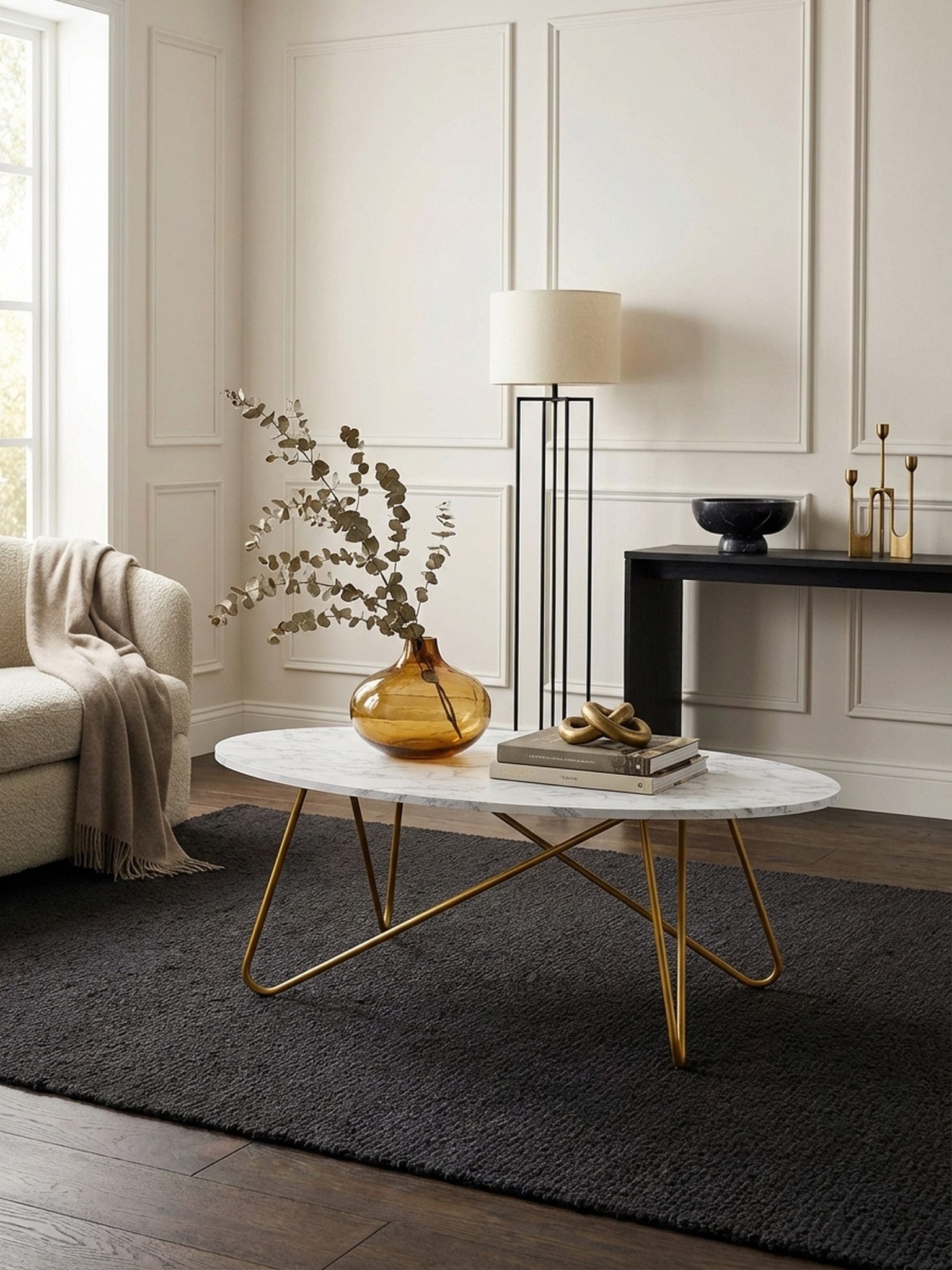 KADIMA DESIGN Couchtisch Couchtisch 120x40x60 cm mit Marmor Optik Weiß, Wohnzimmertisch mit, Metall-Gestell, Sofatisch Oval Tisch Wohnzimmer, Loungetisch