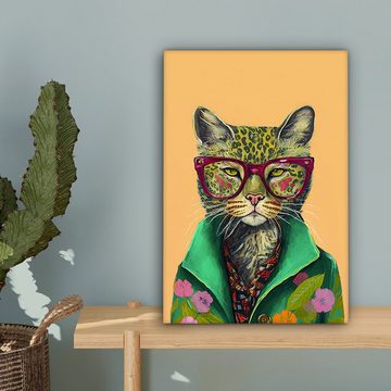 OneMillionCanvasses® Leinwandbild Tiere - Katze - Brille - Blumen - Hippie, (1 St), Leinwandbild fertig bespannt inkl. Zackenaufhänger, Gemälde, 20x30 cm