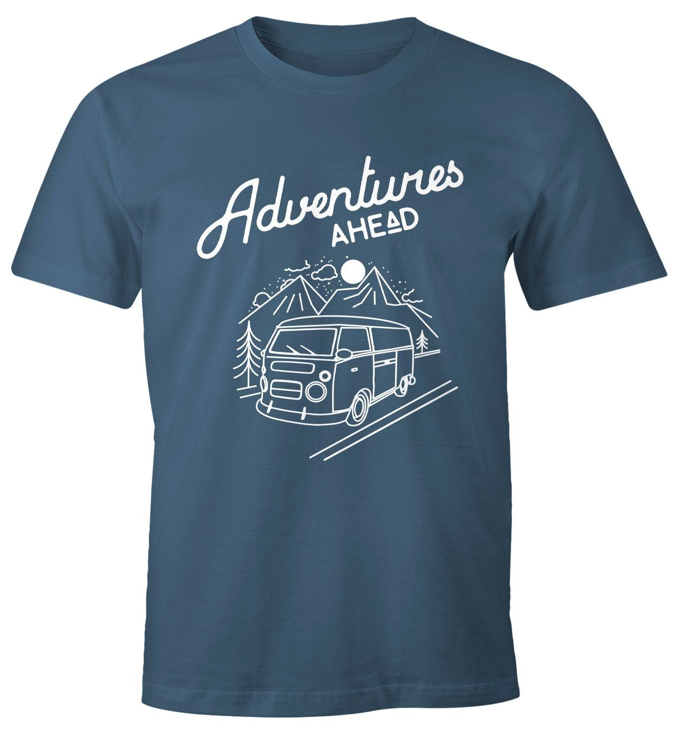 MoonWorks Print-Shirt Herren Abenteuer Adventures mit Ahead T-Shirt Retro Moonworks® Print blau Bus
