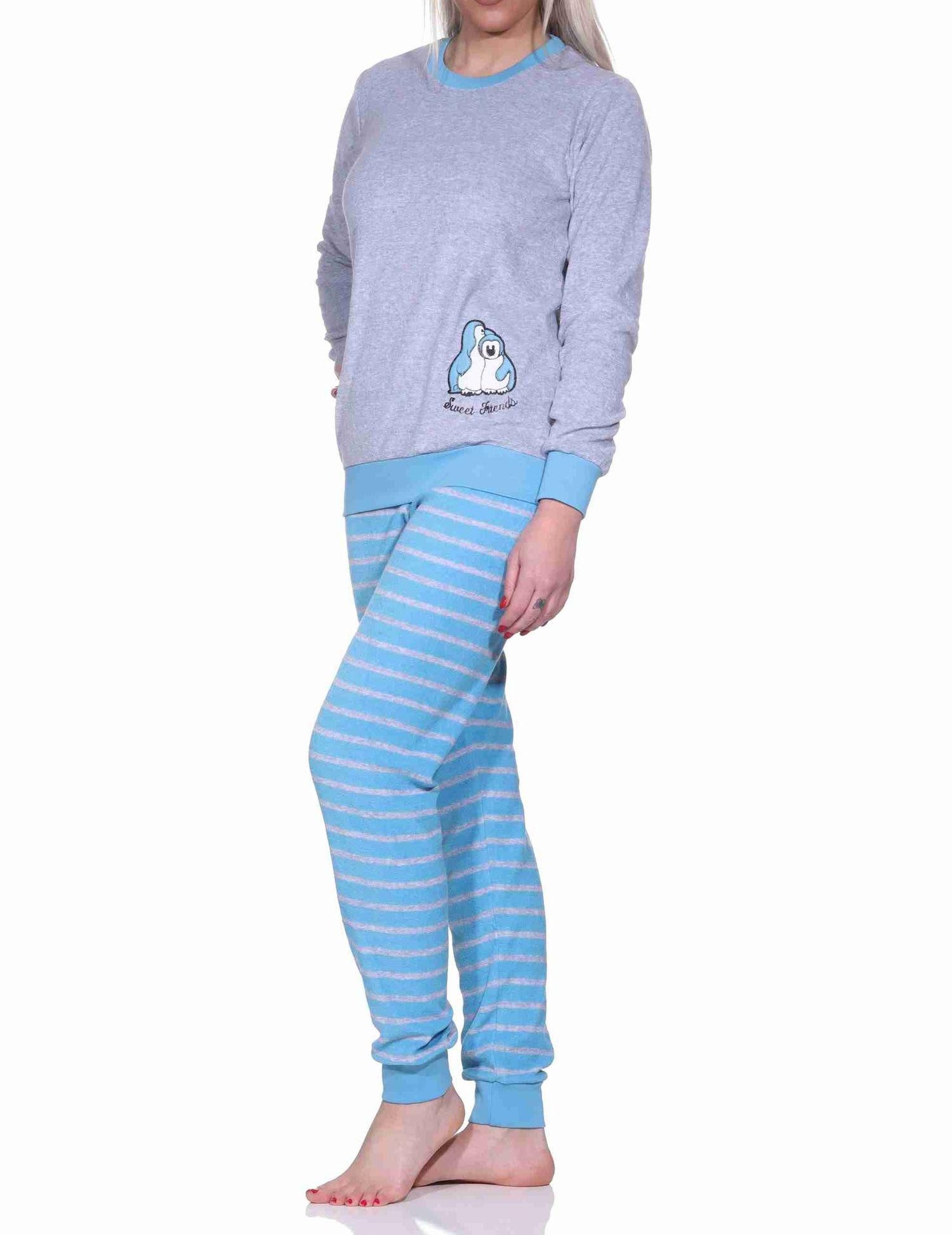 Normann Pyjama Damen Frottee Pyjama langarm mit Bündchen und Pinguin Stickerei – Bild 2 von 3