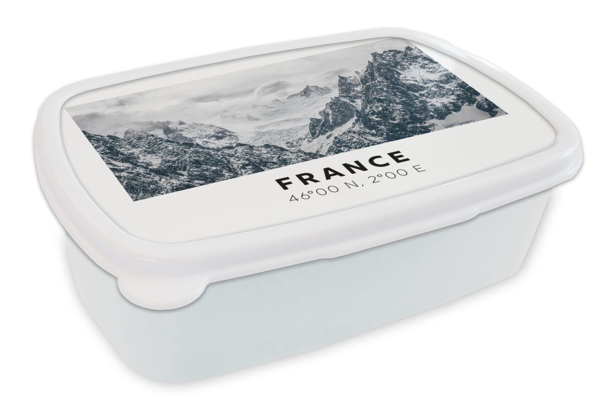 MuchoWow Lunchbox Frankreich - Schnee - Berge, Kunststoff, (2-tlg), Brotbox für Kinder und Erwachsene, Brotdose, für Jungs und Mädchen weiß