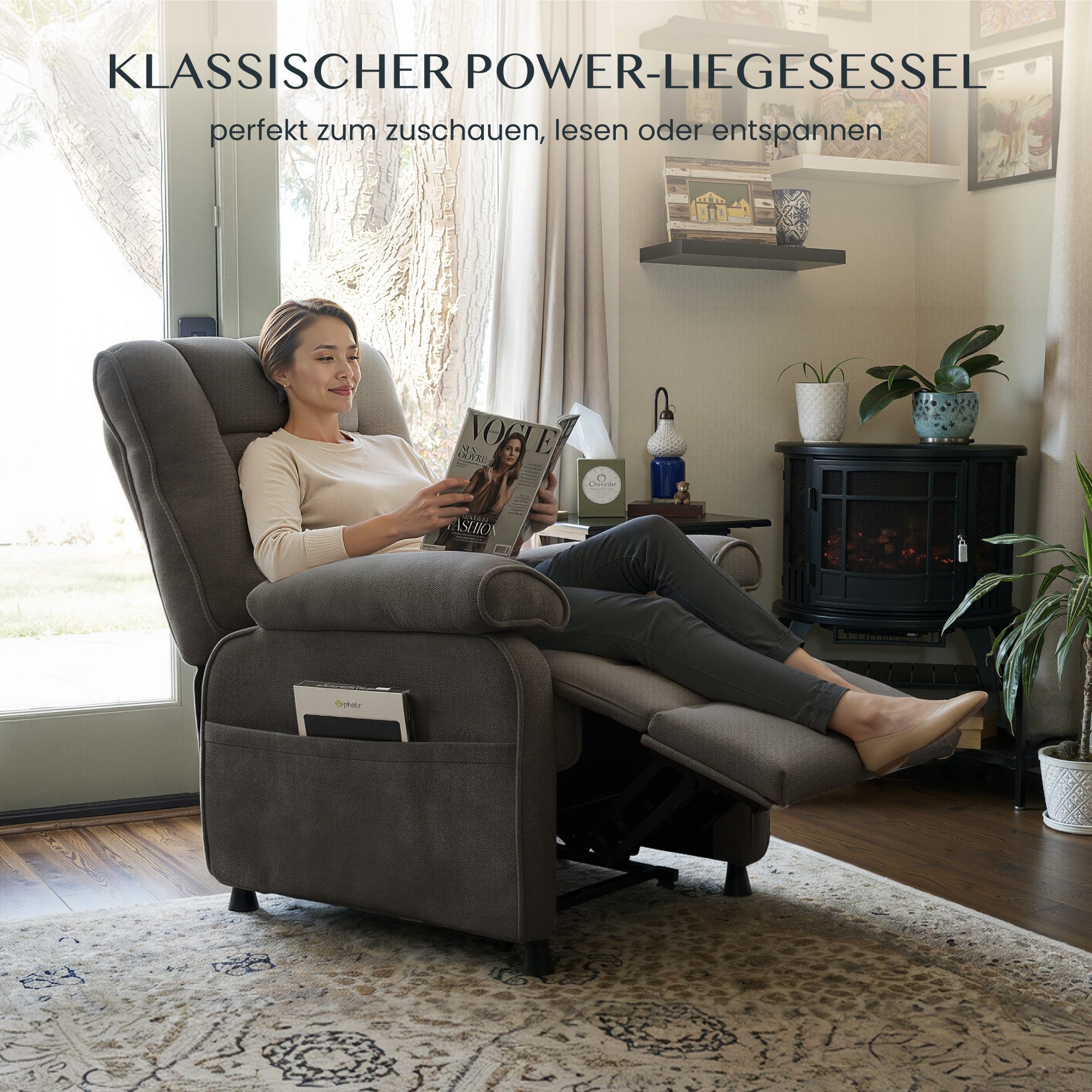 FLEXISPOT Relaxsessel Elektrischer Ergonomischer Fernsehsessel mit stufenloser Liegefunktion (mit stufenloser Liegefunktion 105°–155°, zusätzliche Schnellbedienung für Aufrichten & Zurückstellen), extra dicke Polsterung, große Seitentasche, belastbar bis 150 kg