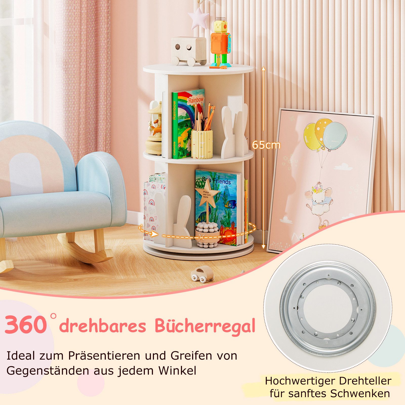 COSTWAY Kinderregal, Drehbares Bücherregal mit Hasen-Trennwänden, weiß