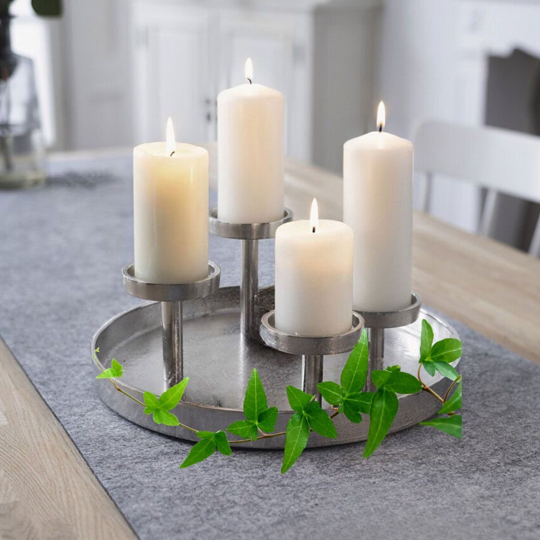 Home-trends24.de Kerzenhalter Kerzenhalter Silber Tablett Kerzenständer Antik Ø 32 cm Kerzen