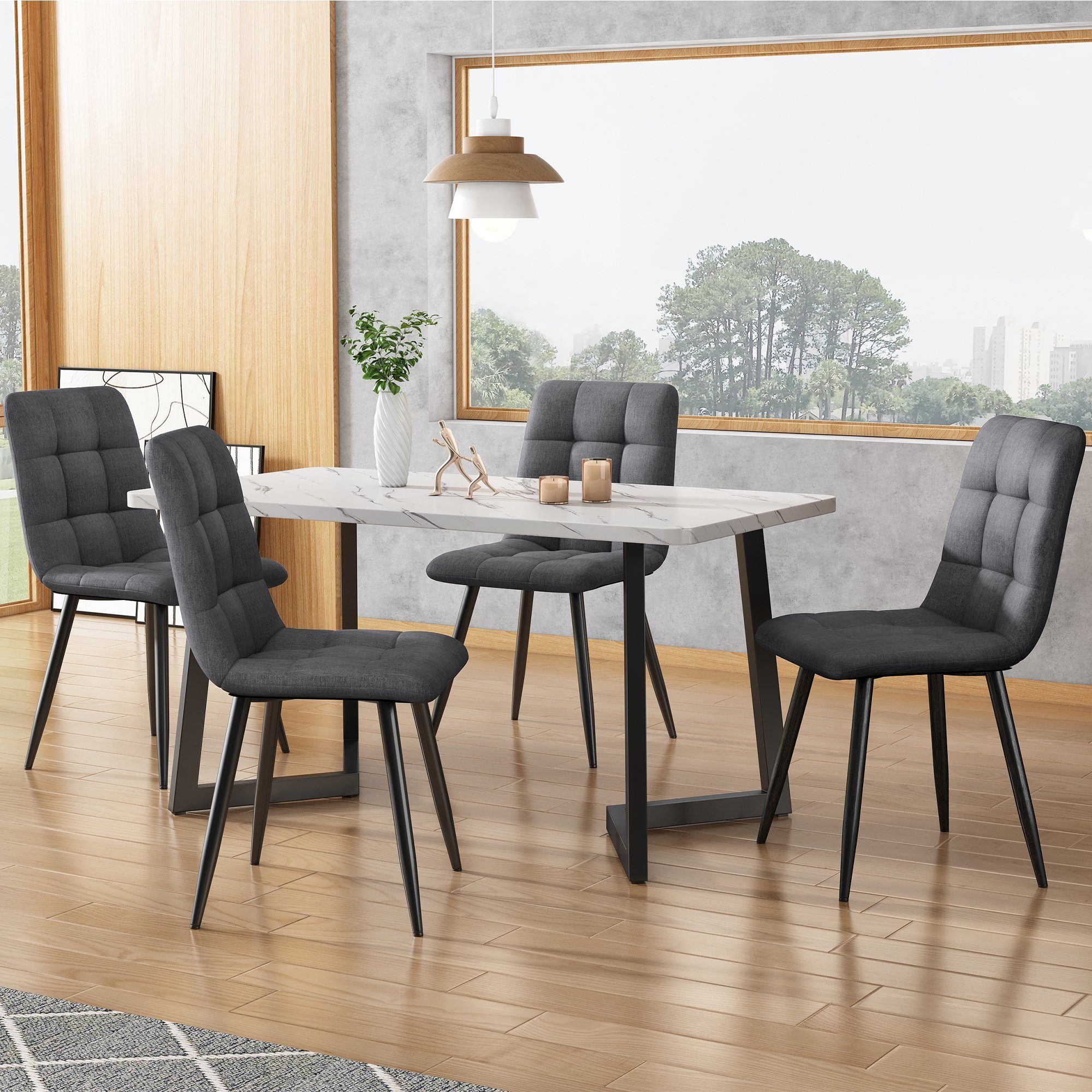 Esstisch Essgruppe, Stühle grau 4 Küchentisch Flieks Leinen (5-tlg), Esszimmerstuhl Set mit