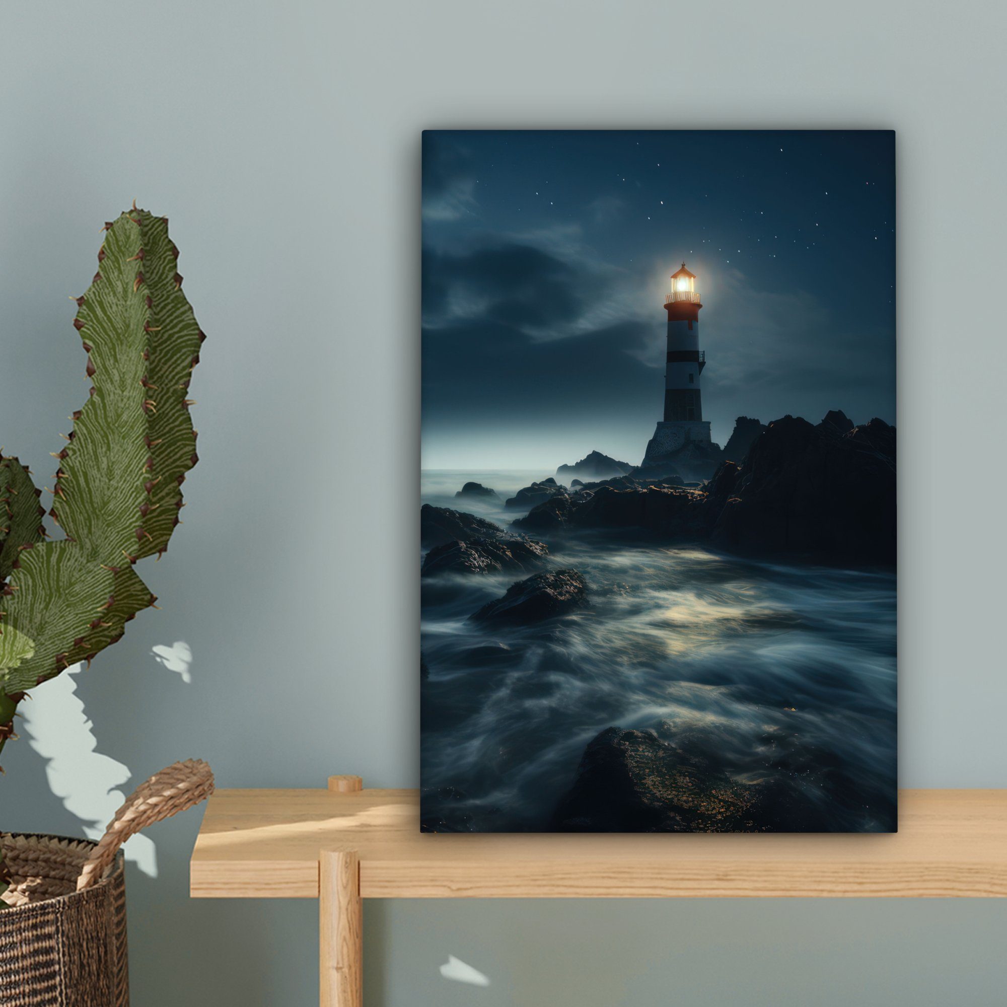 OneMillionCanvasses® Leinwandbild Leuchtturm - Meer - Nebel - Felsen - Maritim - Natur, Fotodruck (1 St), Leinwand Canvas Wandbild, Wanddekoration 20x30 cm – Bild 3 von 5