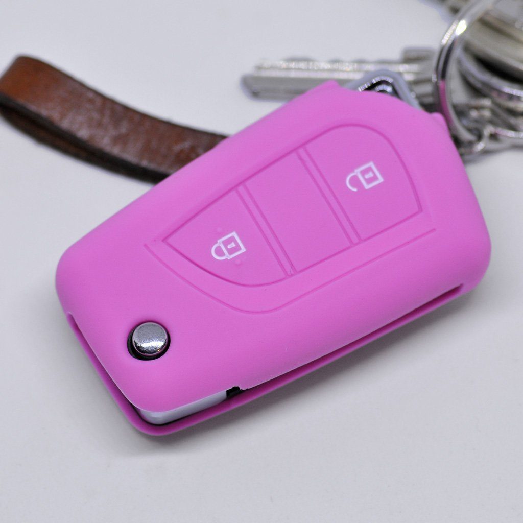 mt-key Schlüsseltasche Autoschlüssel Softcase Silikon Schutzhülle Rosa, für Toyota Aygo Citroen C1 Peugeot 108 2 Tasten Klappschlüssel