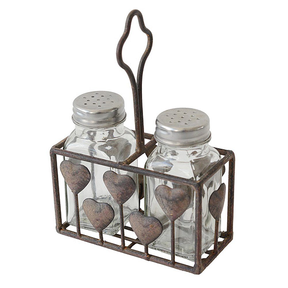 Macosa Home Salzstreuer & Pfefferstreuer Metall Herz Vintage-Stil Antik Braun Gusseisen, (Salz und Pfefferstreuer im Korb), Shabby Küchen Deko Pfeffstreuer Salzstreuer Gewürzstreuer