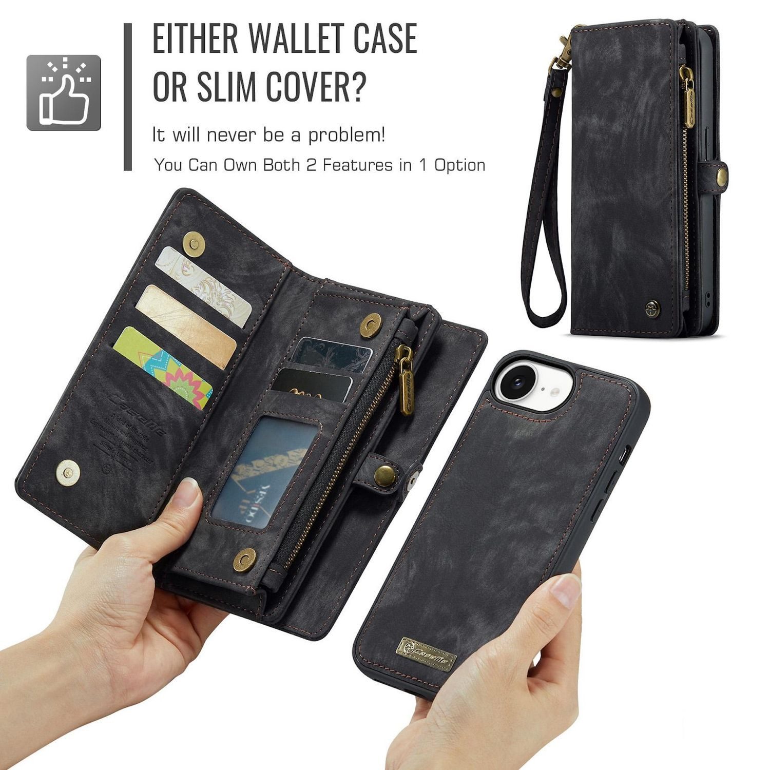 CaseMe Handyhülle Klapptasche für Apple iPhone 17e / 16e Kunstleder Multifunktion Zipper, Kunstleder Schutz Tasche Smart Case Multifunktion