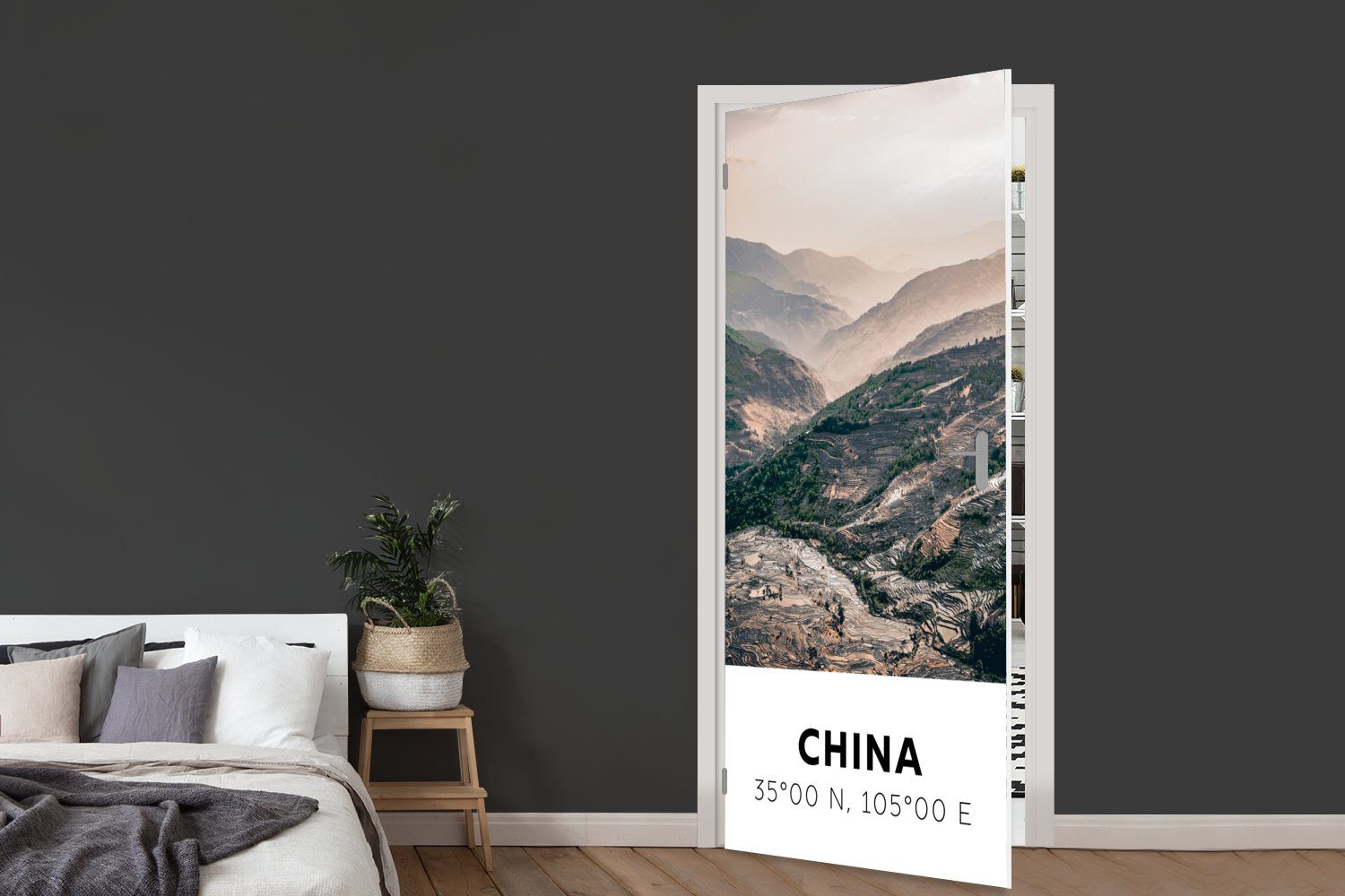 75x205 - Türaufkleber, MuchoWow Tür, bedruckt, Asien - für Fototapete (1 Berge China Türtapete Matt, Sommer, - cm St),