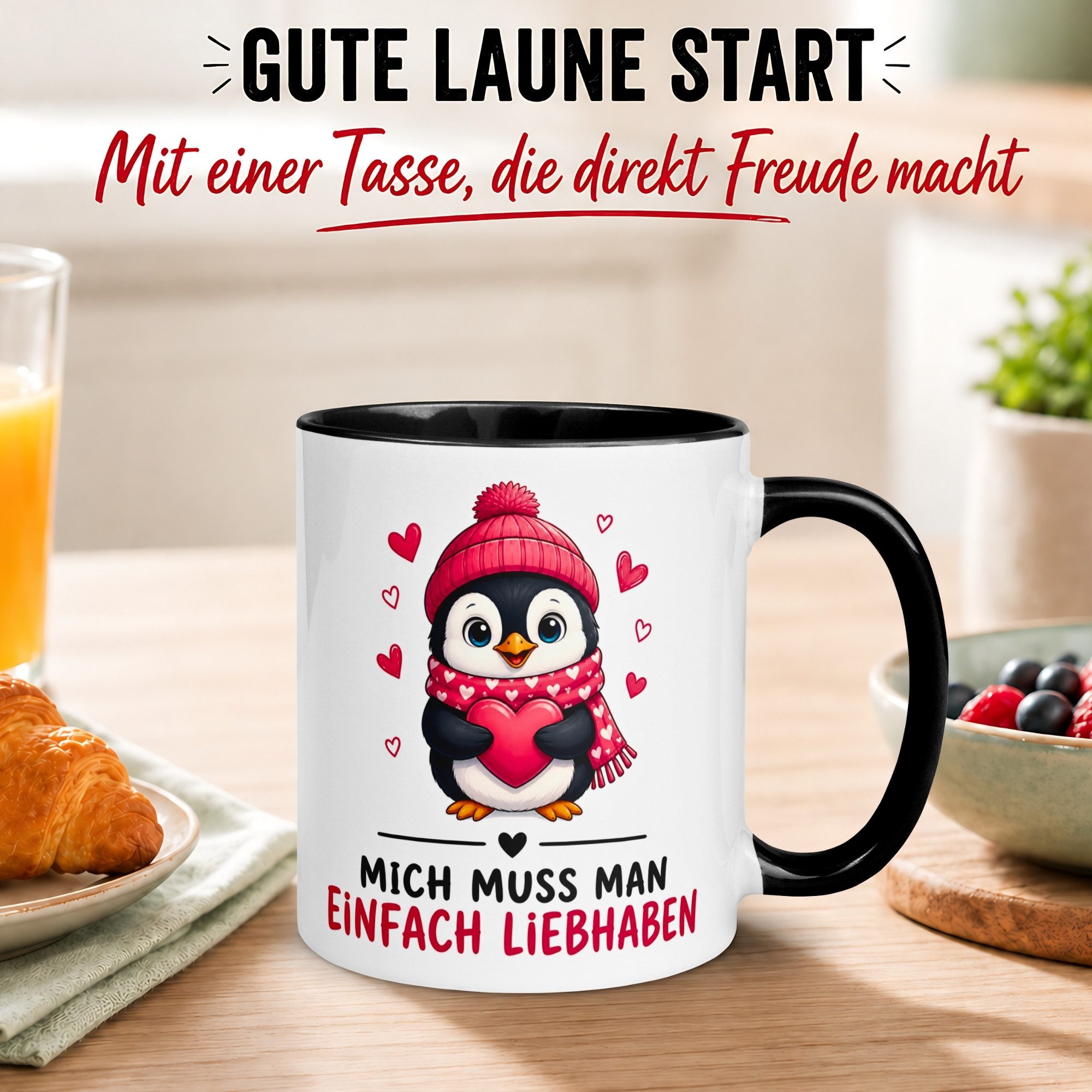 Momentals Tasse Pinguin – „Mich muss man einfach liebhaben“ – lustiger Geschenk Becher, Gratis Versand · Links-&Rechtshänder · Spülmaschinenfest