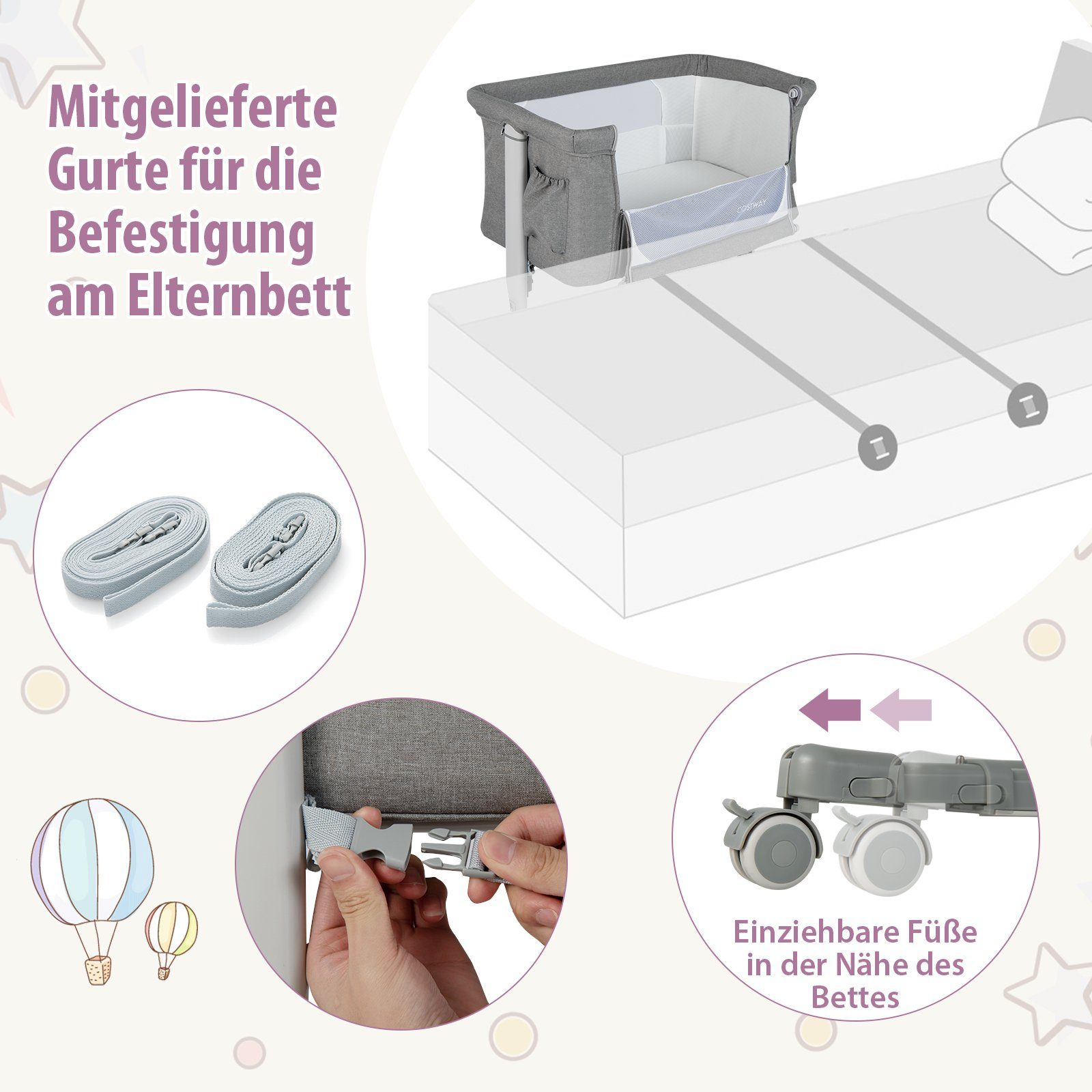 COSTWAY Beistellbett 3 in 1 Reisebett, 5-stufig höhenverstellbar,Matratze – Bild 5 von 5