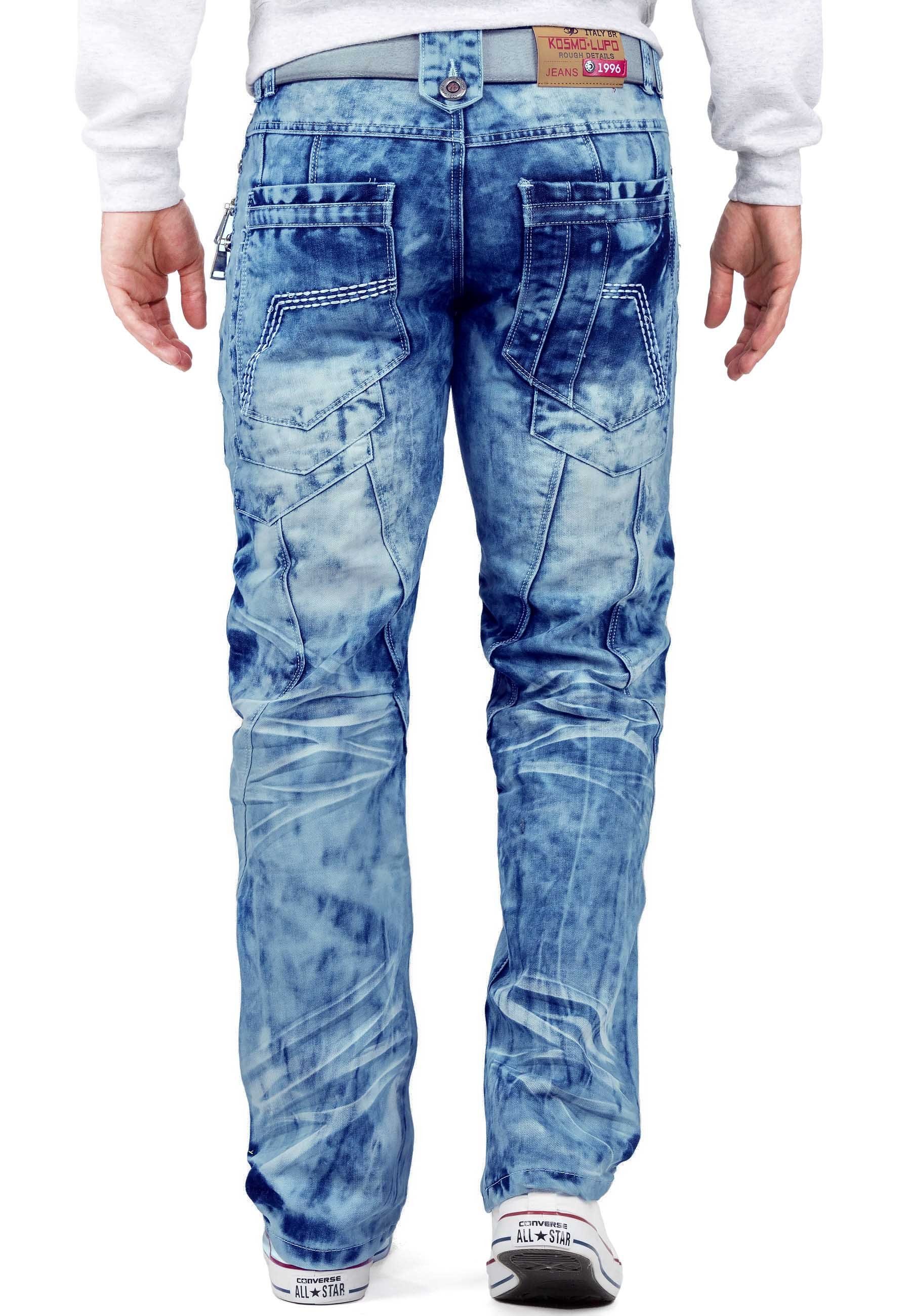 Kosmo Lupo 5-Pocket-Jeans Herren Regular Fit Jeans Stonewashed KM009 (1-tlg) Markantes Design mit Aufgesetzten Applikationen