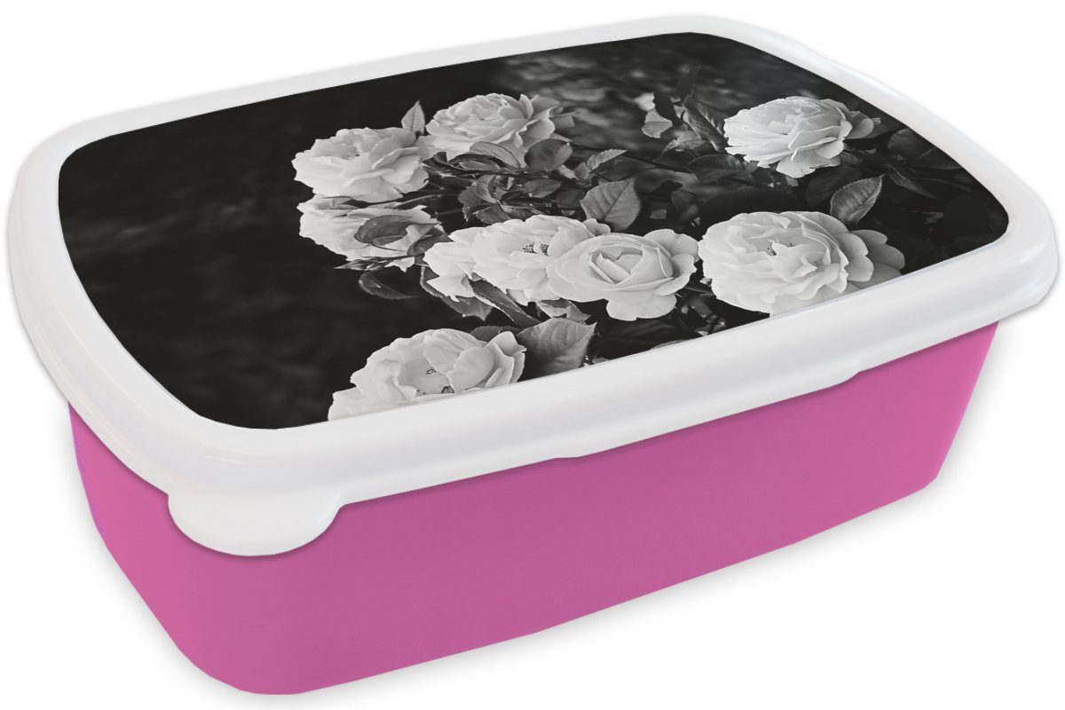 Kinder, Schwarz (2-tlg), rosa - Natur Kunststoff, MuchoWow Snackbox, Blumen Kunststoff Erwachsene, Weiß Brotbox Brotdose und für Rosen, Mädchen, - Lunchbox - - Pflanzen