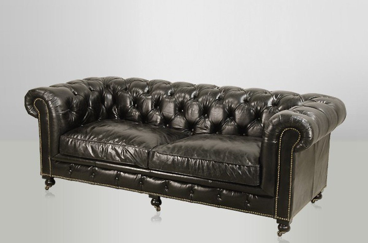 Casa Padrino Chesterfield-Sofa Chesterfield 2.5 Echt Seater Leder Leder Sofa Ebony von Luxus Vintage