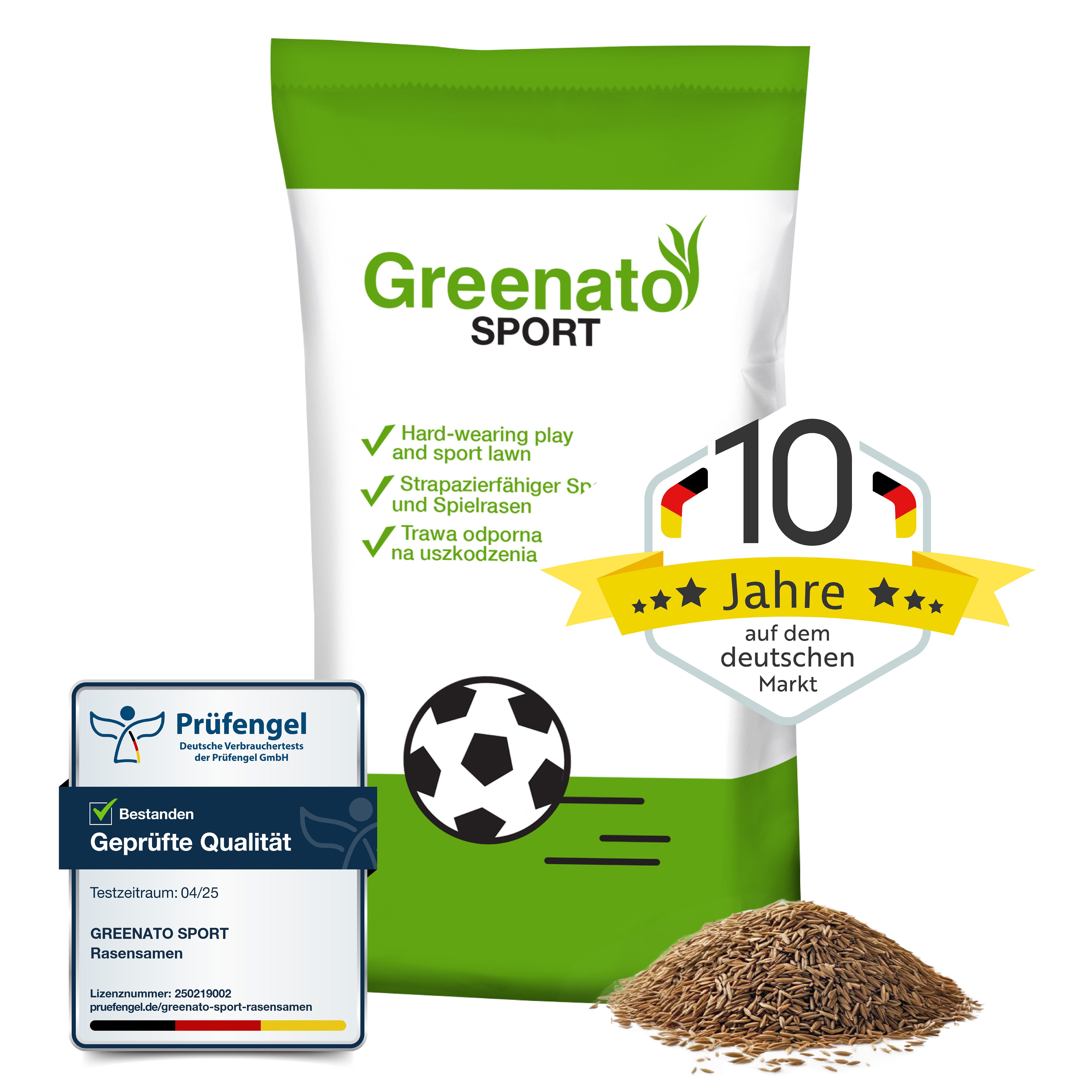 Greenato Rasensamen Sport und Spielrasen - Grassamen schnellkeimend, 10 kg, ideal für Neuansaat und Rasennachsaat - extra robuster Rasen