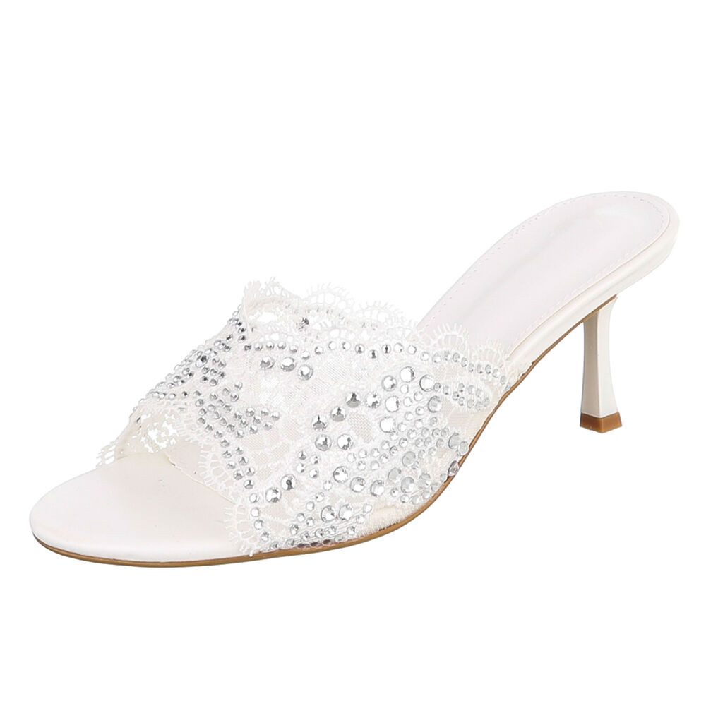 Ital-Design Damen Festliche Pantoletten mit Spitze und Pfennigabsatz für Events Pantolette (91895676) Pfennig-/Stilettoabsatz Sandalen & Sandaletten in Weiß