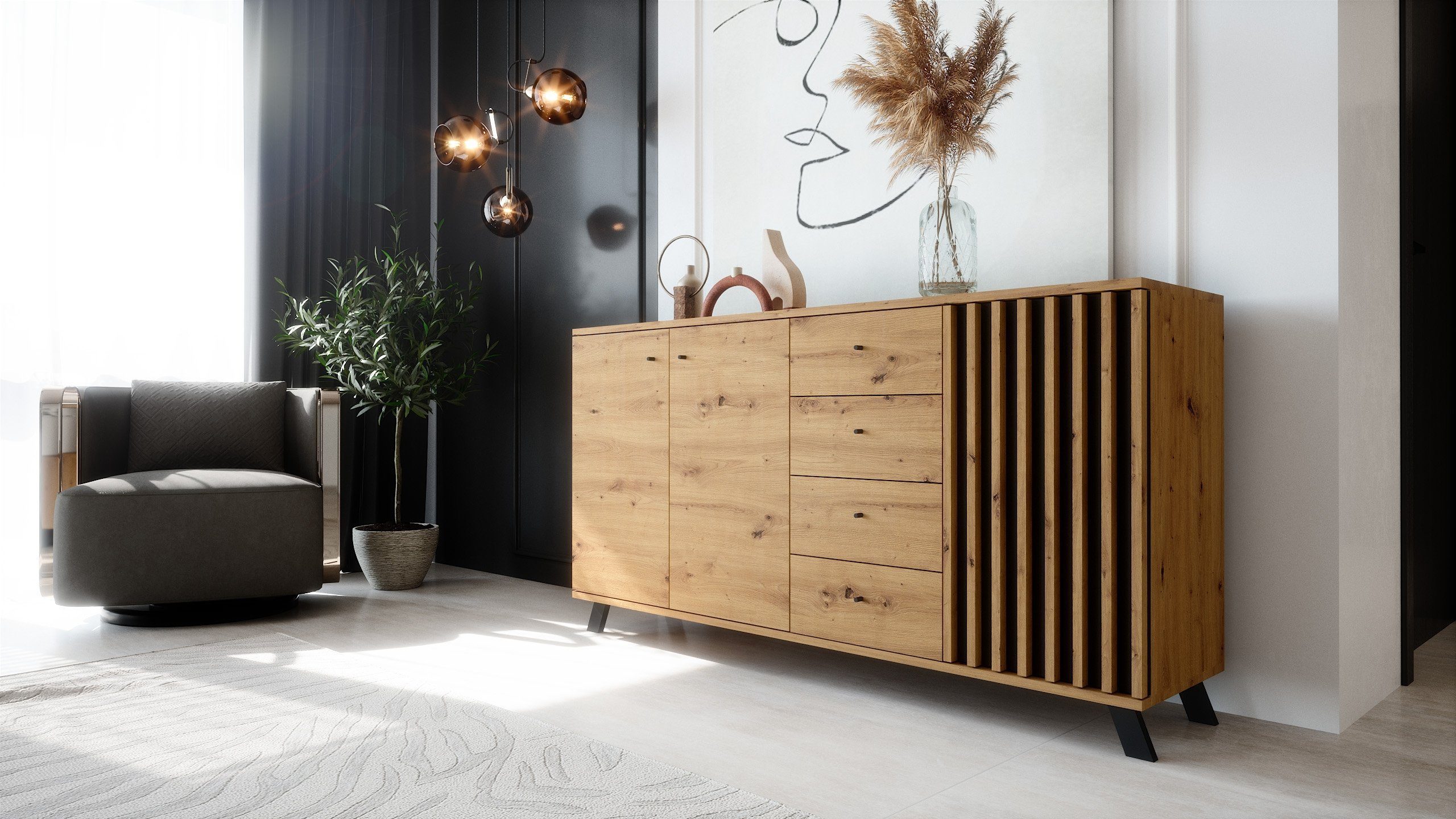 Newroom Sideboard Barea, Wildeiche Sideboard Modern Wandpaneel Vintage Highboard Anrichte