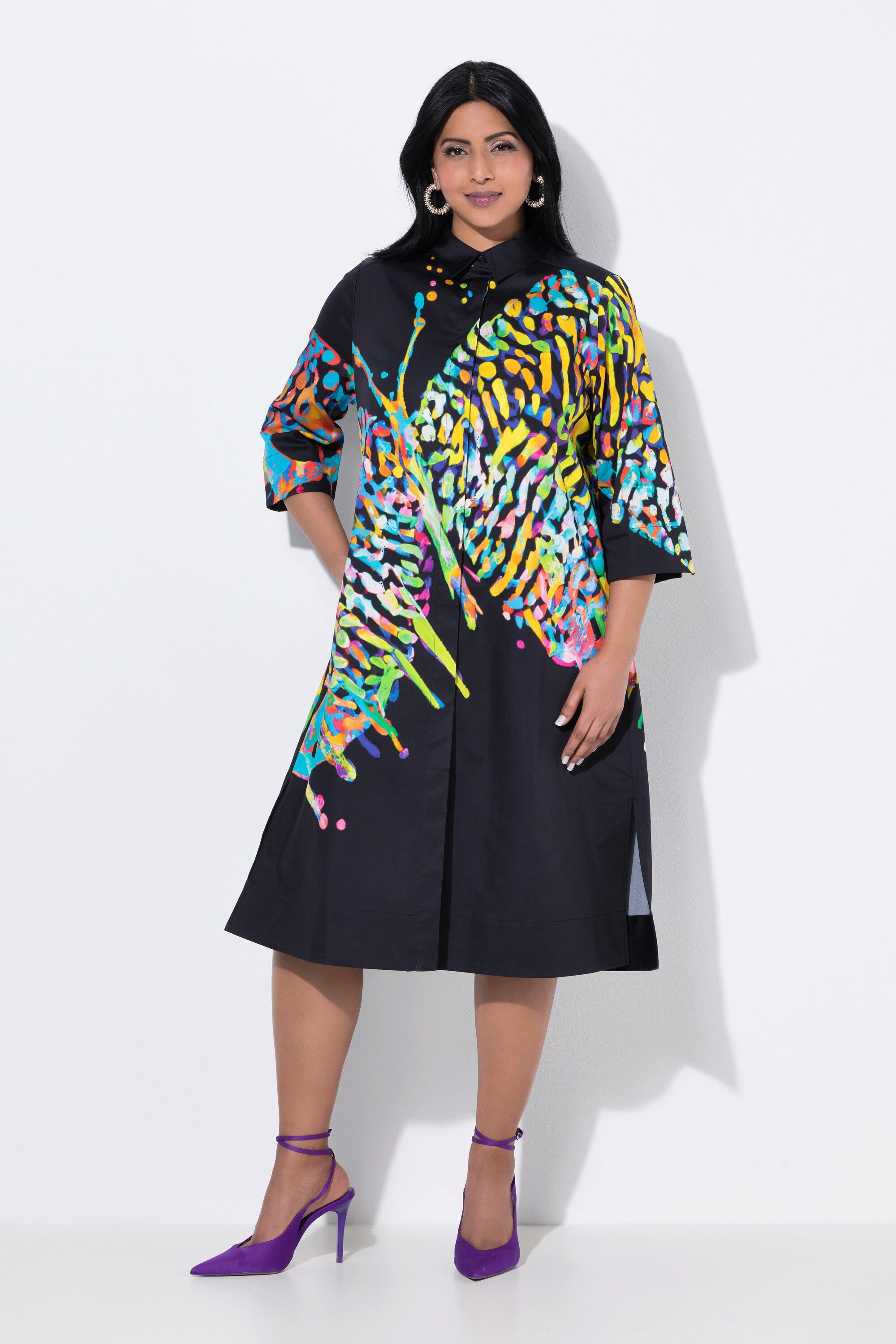 Midikleid Midikleid Schmetterling Hemdkragen 3/4-Arm