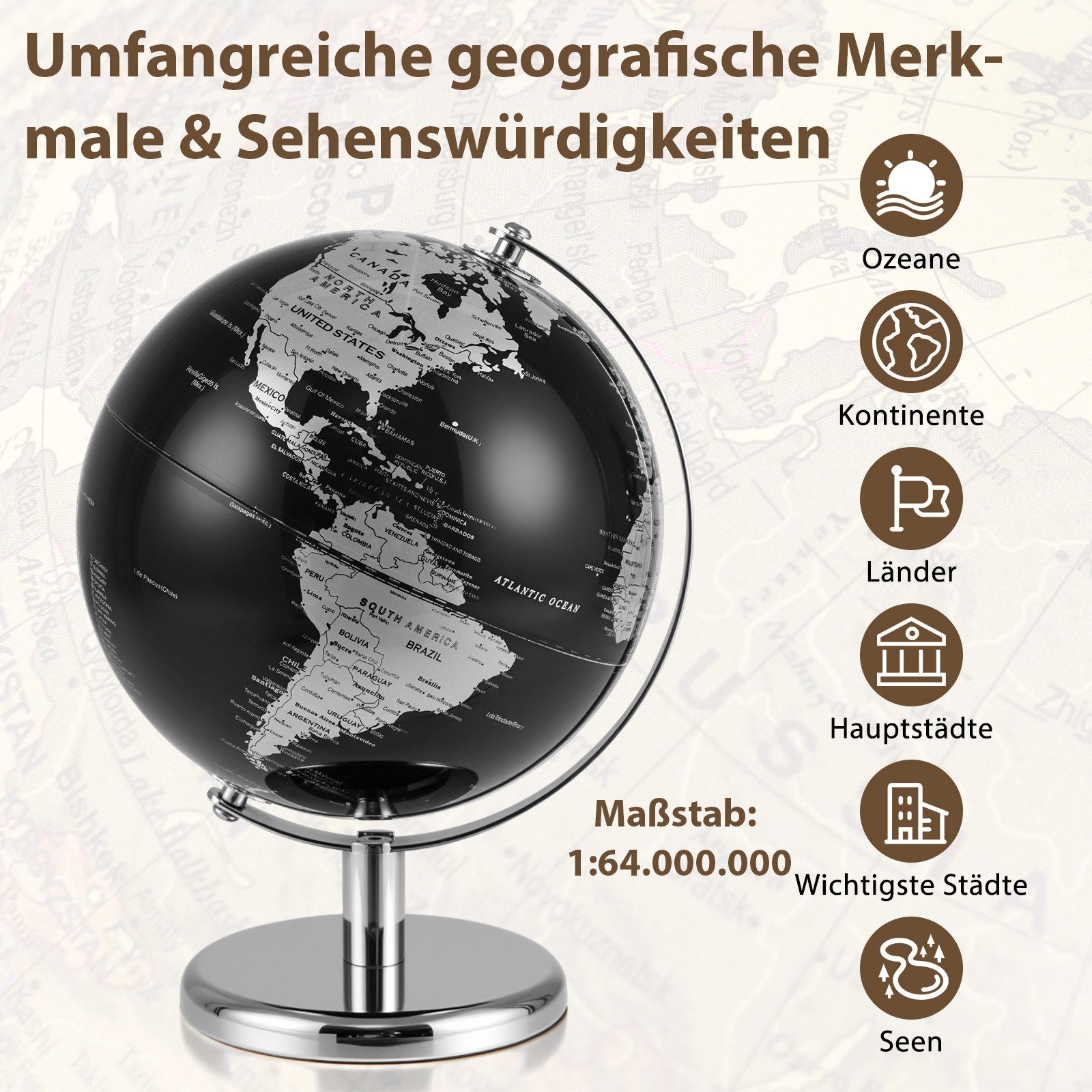 KOMFOTTEU Globus, Schülerglobus Weltkugel mit stabilem Standfuß aus Metall