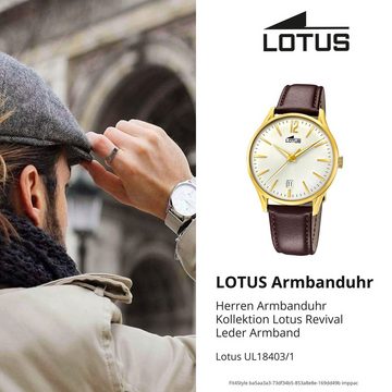Lotus Quarzuhr Lotus Herren Uhr Elegant L18403/1 Leder, Herren Armbanduhr rund, mittel (ca. 39mm), Lederarmband braun
