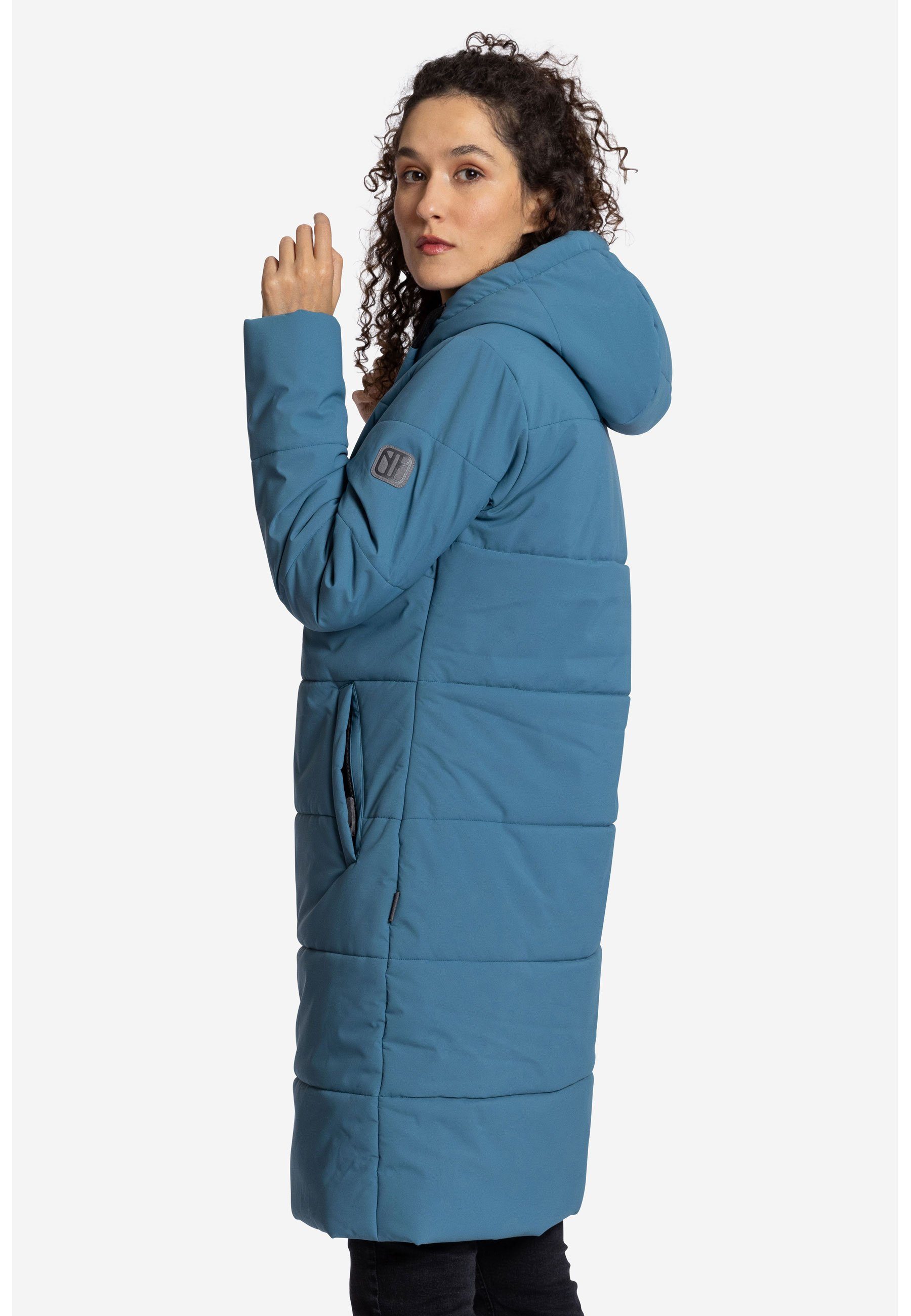 Elkline Winterjacke Comfort leichter langer blue Mantel, coral 2-Wege-Reißverschluss