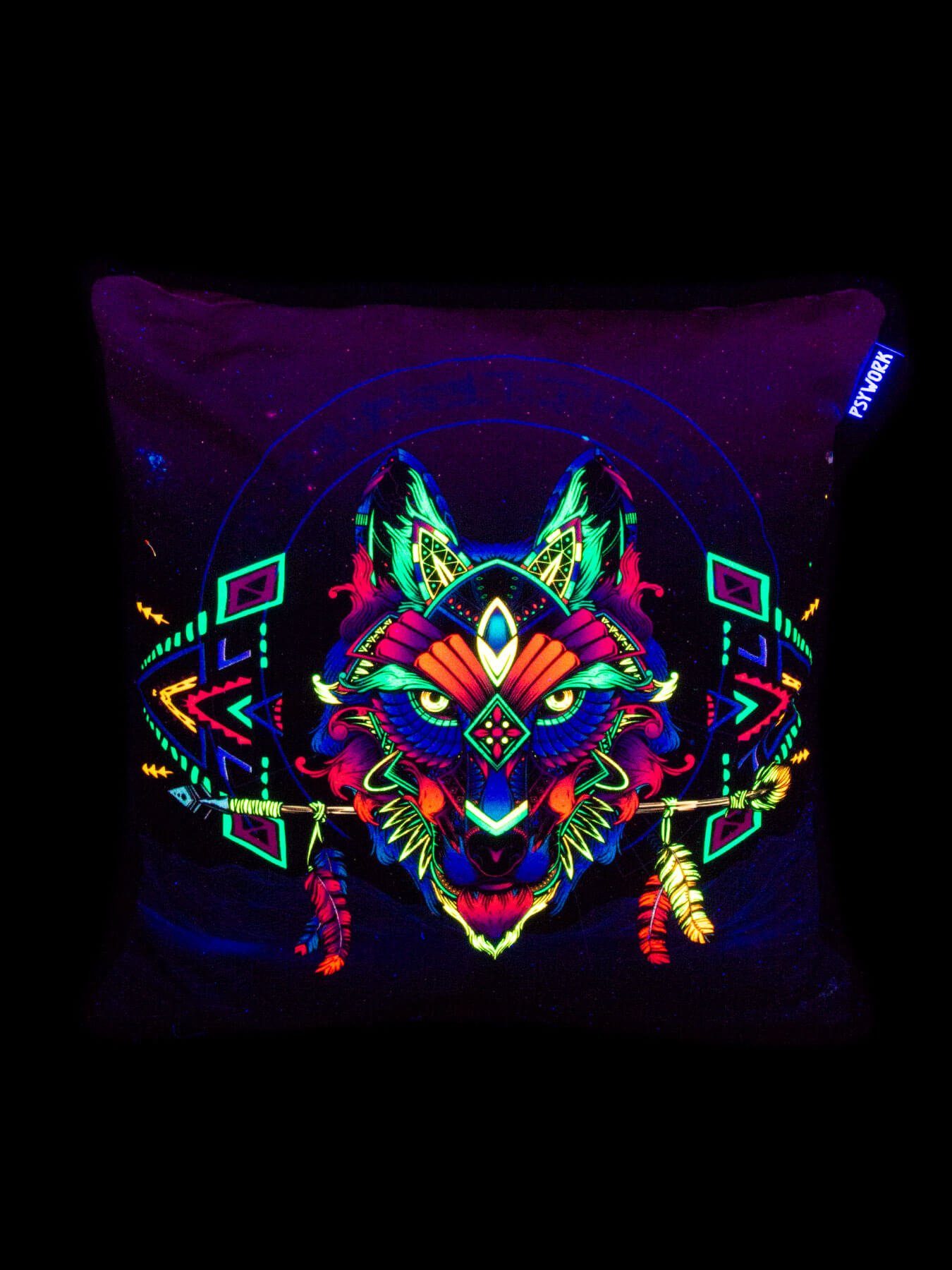 Wolf", Schwarzlicht leuchtet Neon Dekokissen 40x40cm, PSYWORK PSYWORK unter UV-aktiv, "Sentymo Schwarzlicht Kissen