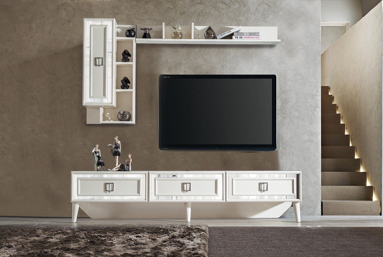 Möbel TV-Wand Gloria, Hängeelementen, mit verarbeitet) Hochwertig (Lowboard Villa