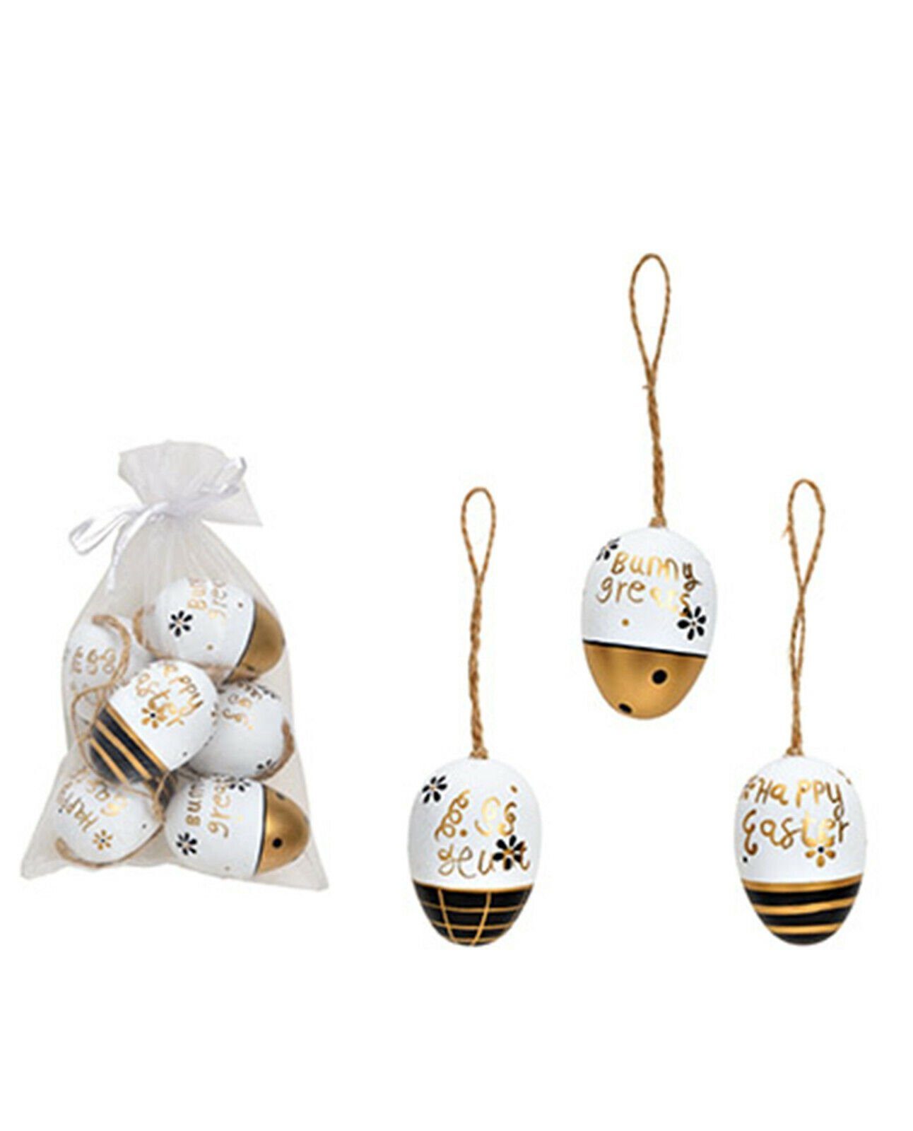 Taschen4life Osterei Ostereier 153 weiß / gold (Set, 6 Stück), Deko Ostern, Eier zum hängen, inkl. Beutel
