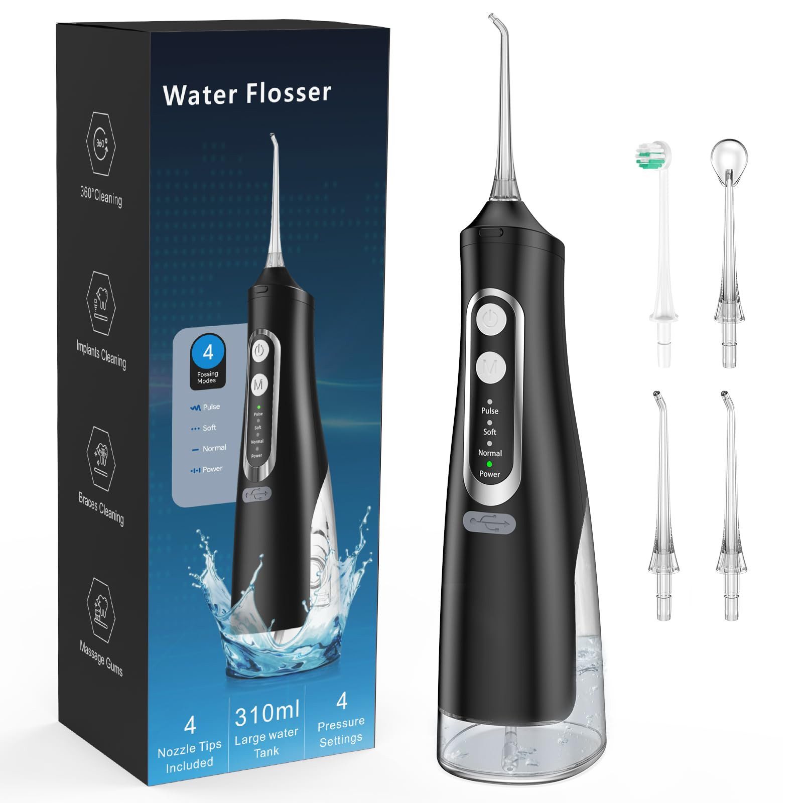 ibettertec Munddusche 2026 Neues Munddusche Elektrischer Zahnreiniger 4 Modi & 4 Düsen, Düsen Kabellose Munddusche IPX7 Wasserdicht Wasser Flosser 310ML