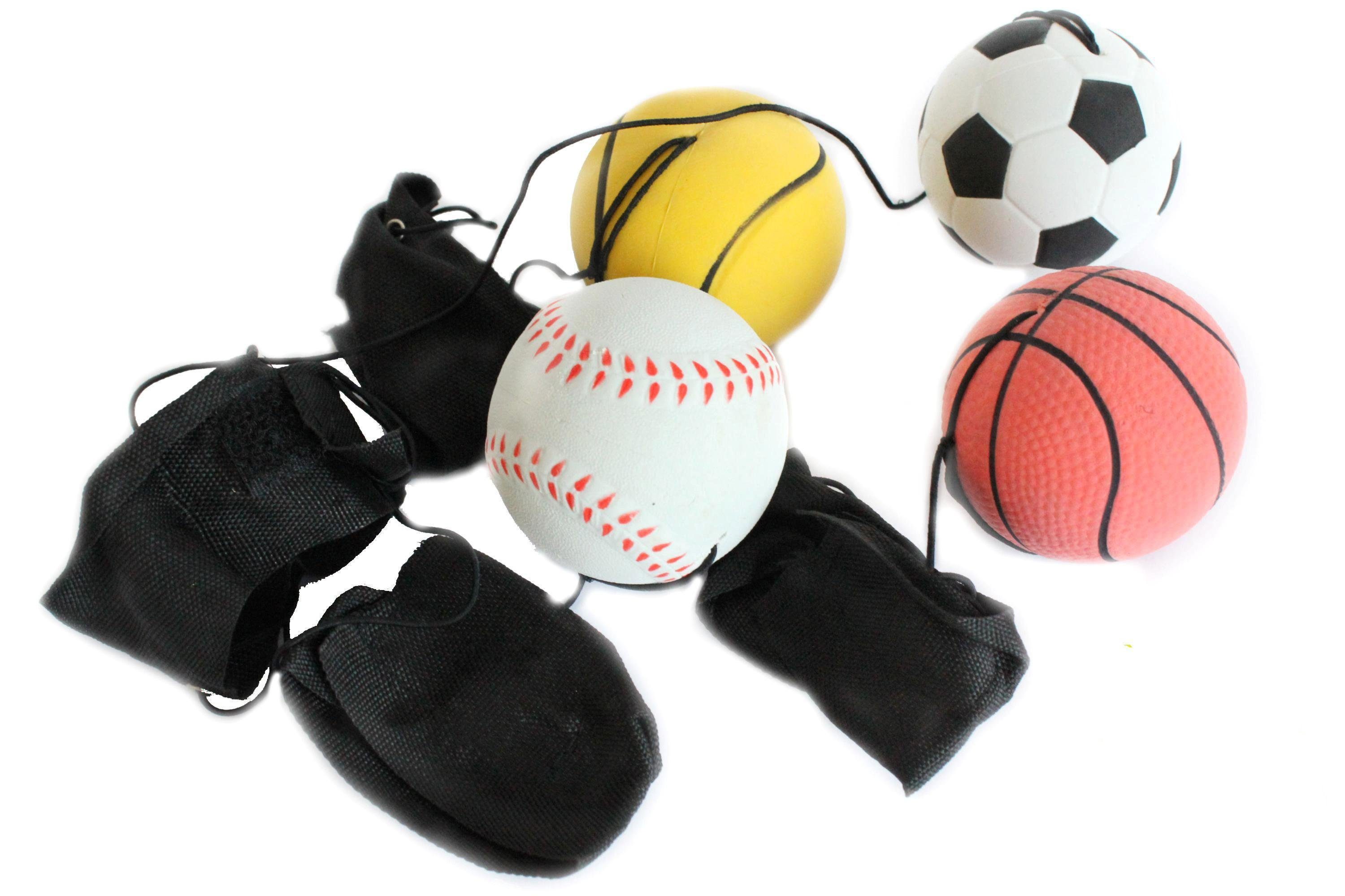 ELLUG Spielball 4er Set Springball/Returnball/Flummi Ø 6cm Armband&Schnur, Fußball/Basketball/Tennisball/Baseball