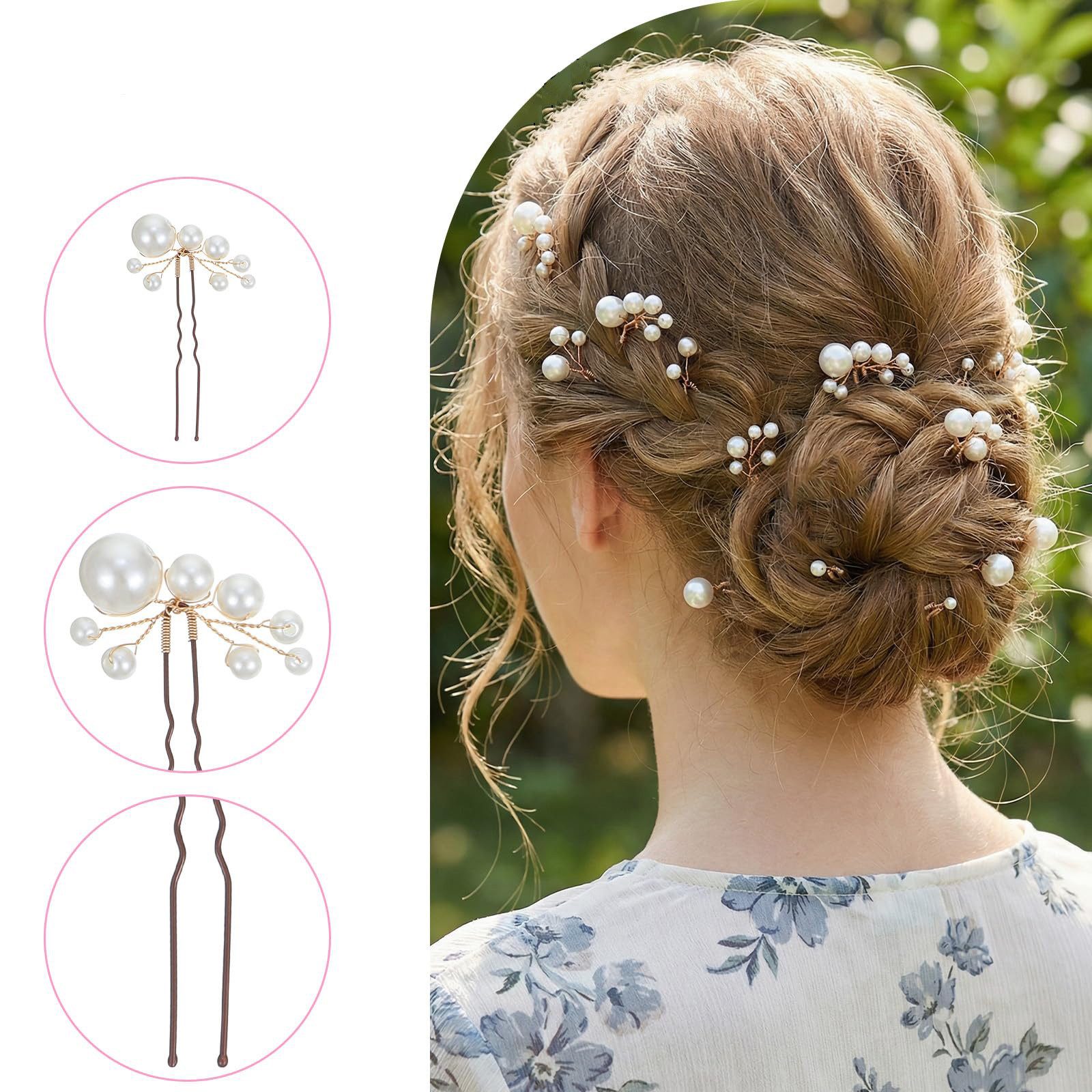 Oemmn Haarnadeln 12er Set Perlen Haarnadeln – Elegante U-förmige Braut Haaraccessoires, 12-tlg., für Hochzeit, Brautjungfern, Party & Abschlussball – Bild 3 von 5