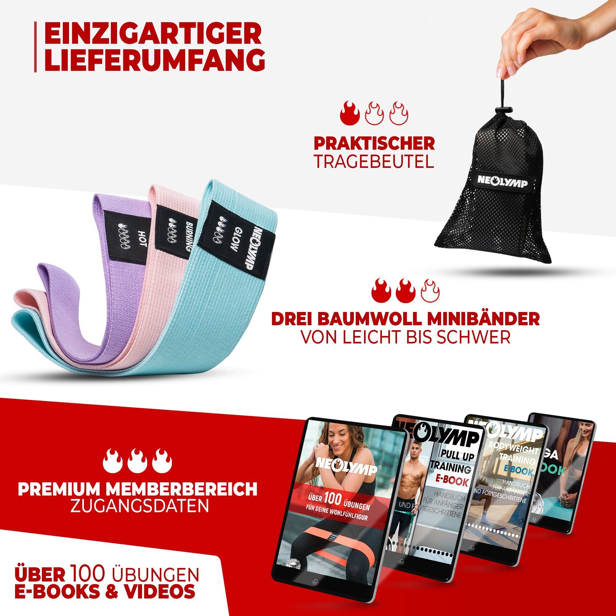 waschbar Limited mit hygienisch, Trainingsband Trainingsband E-Book, Fitnessbänder langlebig, 3er Premium Edition Naturfasern, MinibänderI Set Beine Bauch IMB310, PoI komfortabel, NEOLYMP