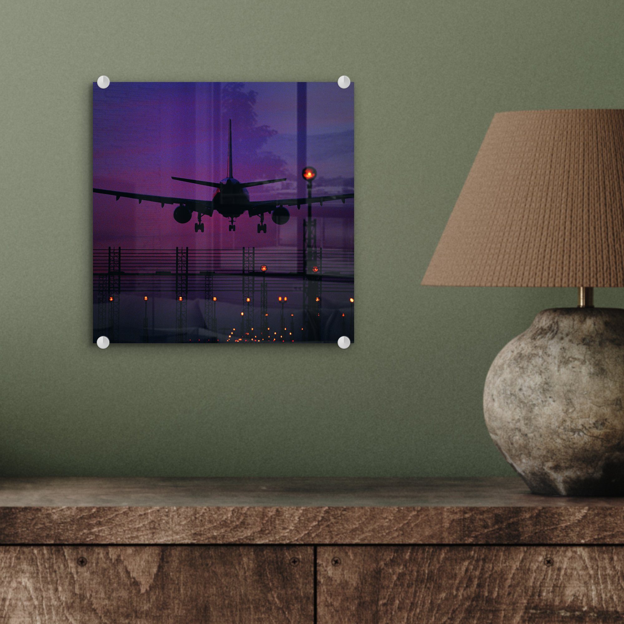 - eines Glasbilder Wanddekoration Flugzeugs Acrylglasbild in Glas Nacht, Glas (1 St), Silhouette auf Wandbild MuchoWow - auf Foto - Bilder der