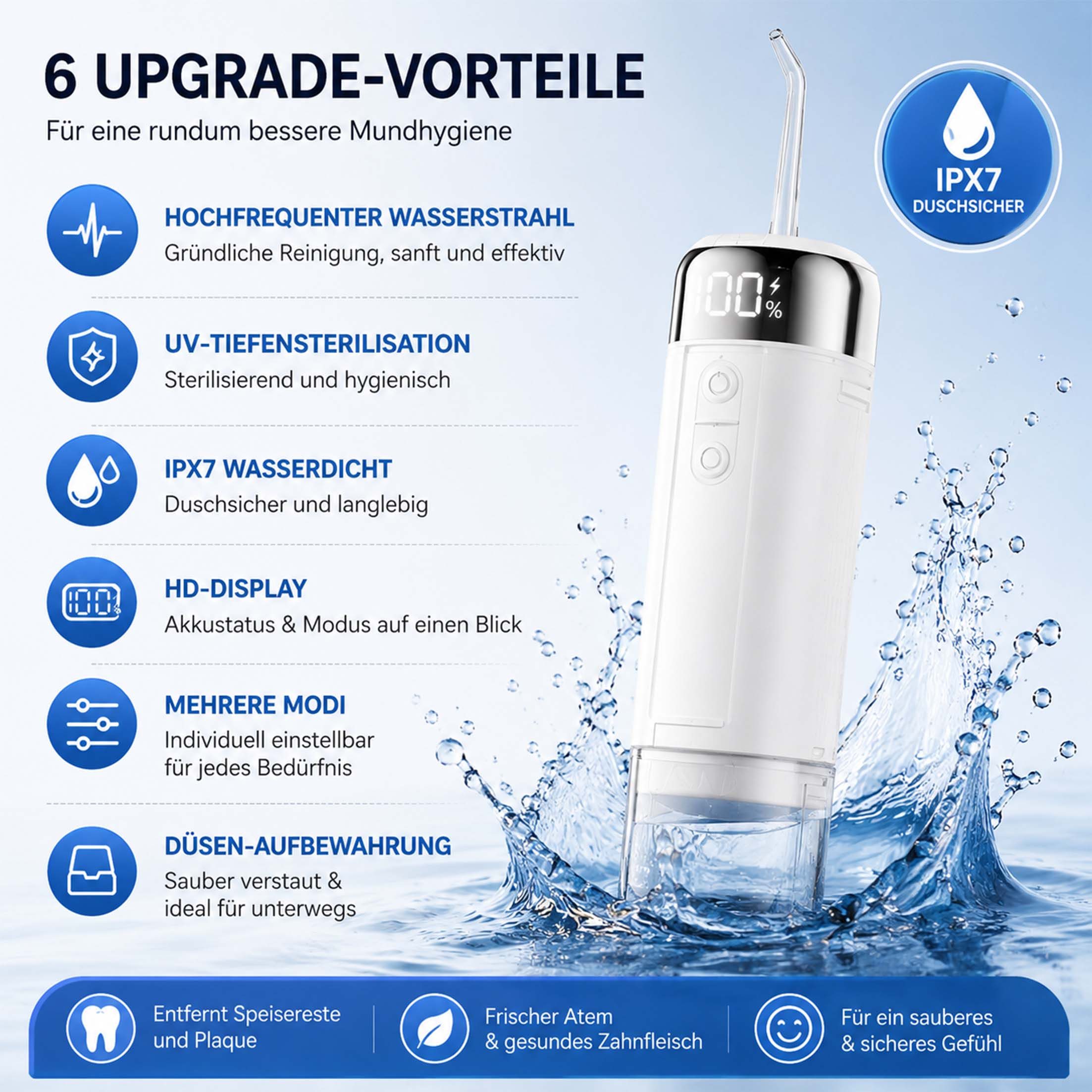 KINSI Munddusche Elektrische Munddusche Kabellos, Tiefenreinigung, 230ml, USB-C, Aufsätze: 4 St., 4 Spezialdüsen, die allen Anforderungen der Mundpflege gerecht werden