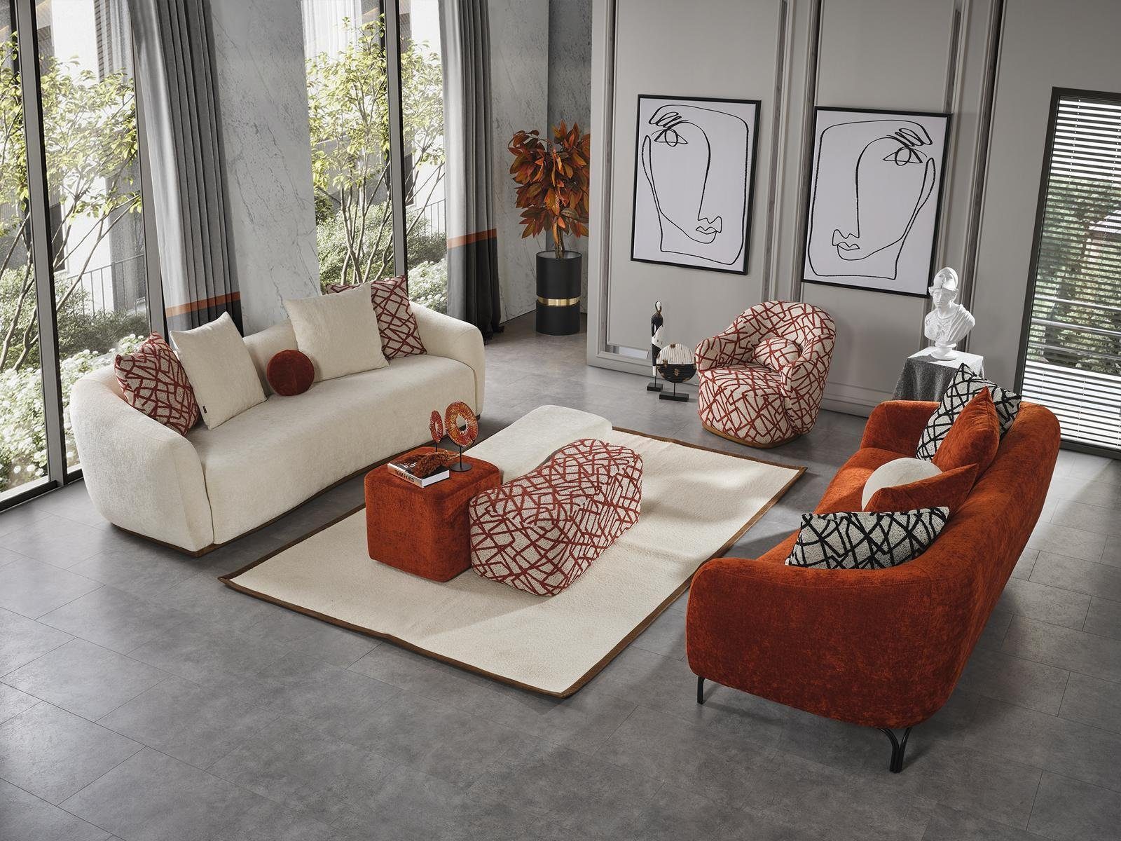 JVmoebel Wohnzimmer-Set Komplette Couchgarnitur Hocker), Sofagarnitur Sitzer; (6-St., Stoff Sofa 3 Made in Sessel; 3x 431 4tlg, Sitzer; Europa 4 Orange Sofa Sofa