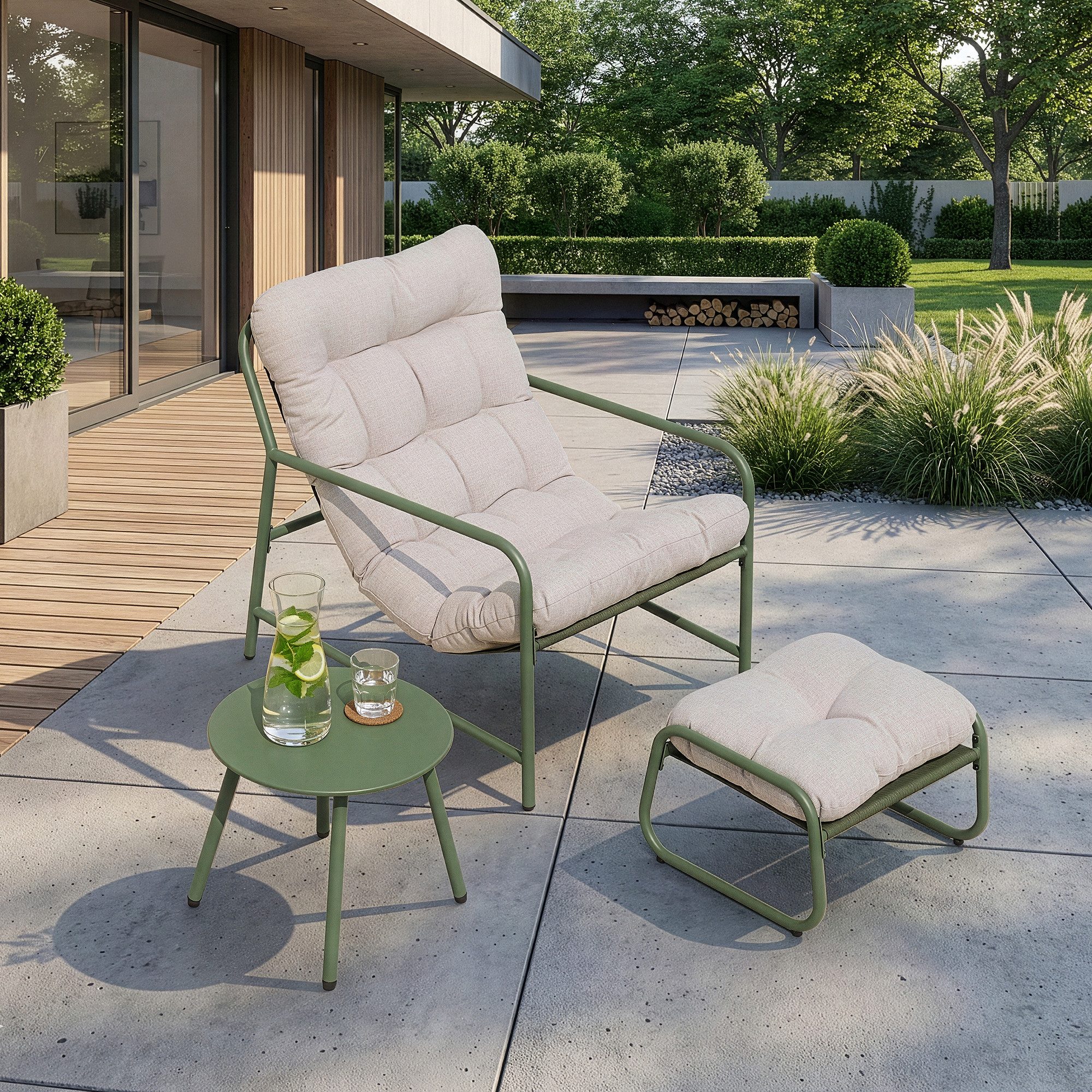 en.casa Gartenlounge-Set, (Set, 3-tlg., Gartenstuhl, Gartentisch, Fußhocker), »Trerdfjoa« Polsterkissen Metallgestell Hellgrün/Grau