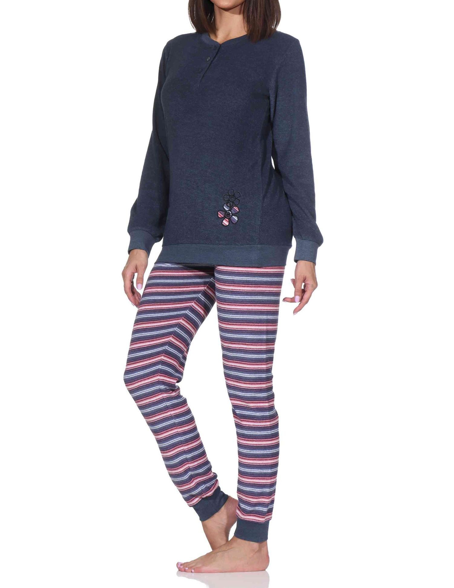 Normann Pyjama Normann Damen Frottee Schlafanzug langarm mit Bündchen Hose gestreift – Bild 2 von 5