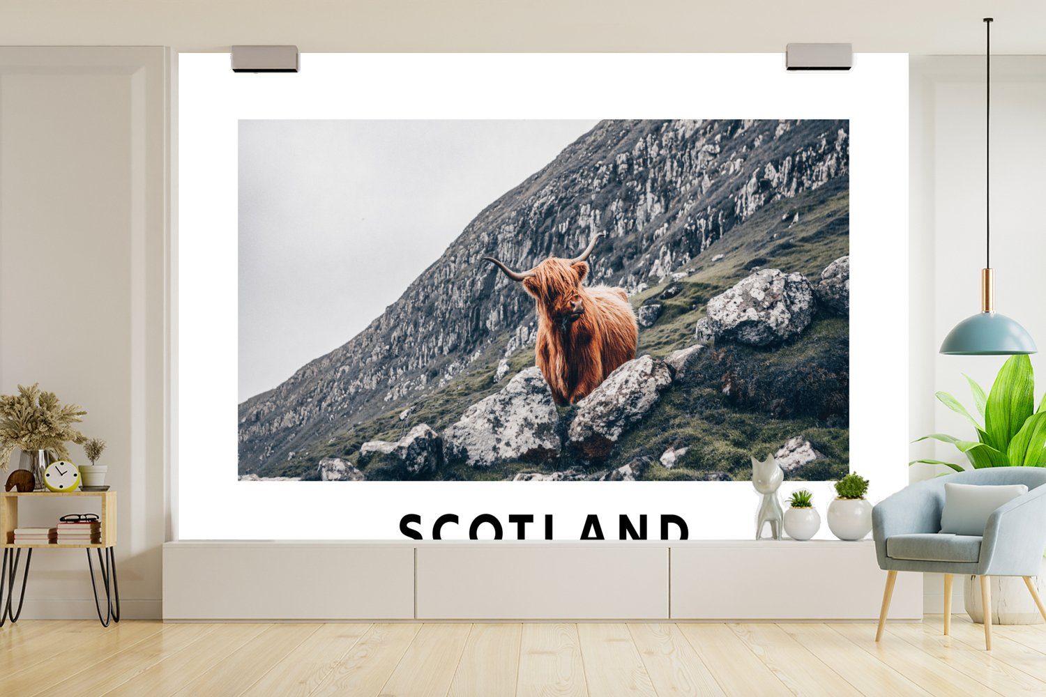 Fototapete Wohnzimmer, - MuchoWow Schottische - Kinderzimmer, St), Schottland Vinyl Berge Highlander Tapete Wallpaper für Matt, - (6 Schlafzimmer, bedruckt, Tiere,