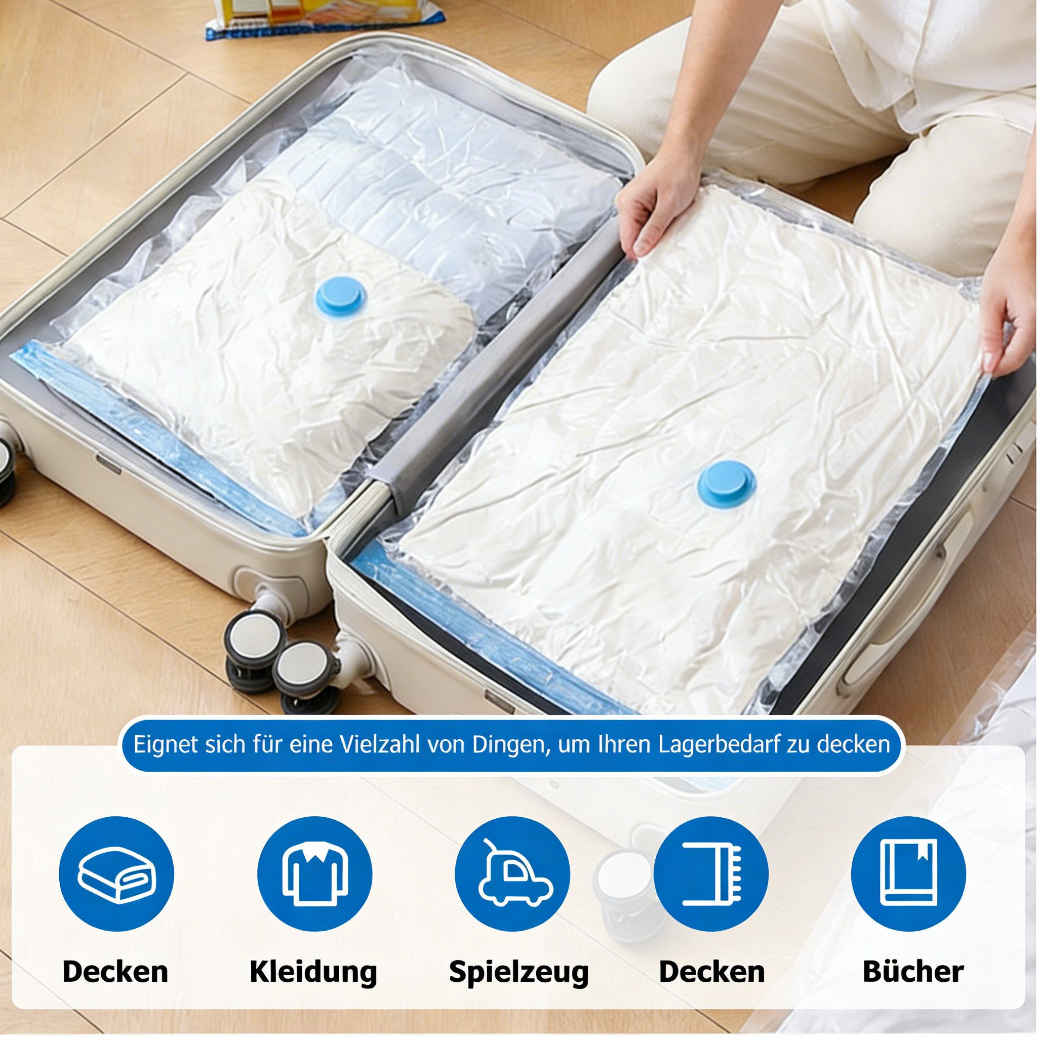 BlingBin Vakuumierbeutel 12 Stück Kleiderschutzhülle Aufbewahrungsbeutel für Kleidung mit Pumpe, (40x60cm/60x80cm/80x100cm) mit luftdichtem Ventil und Handpumpe – Bild 2 von 5