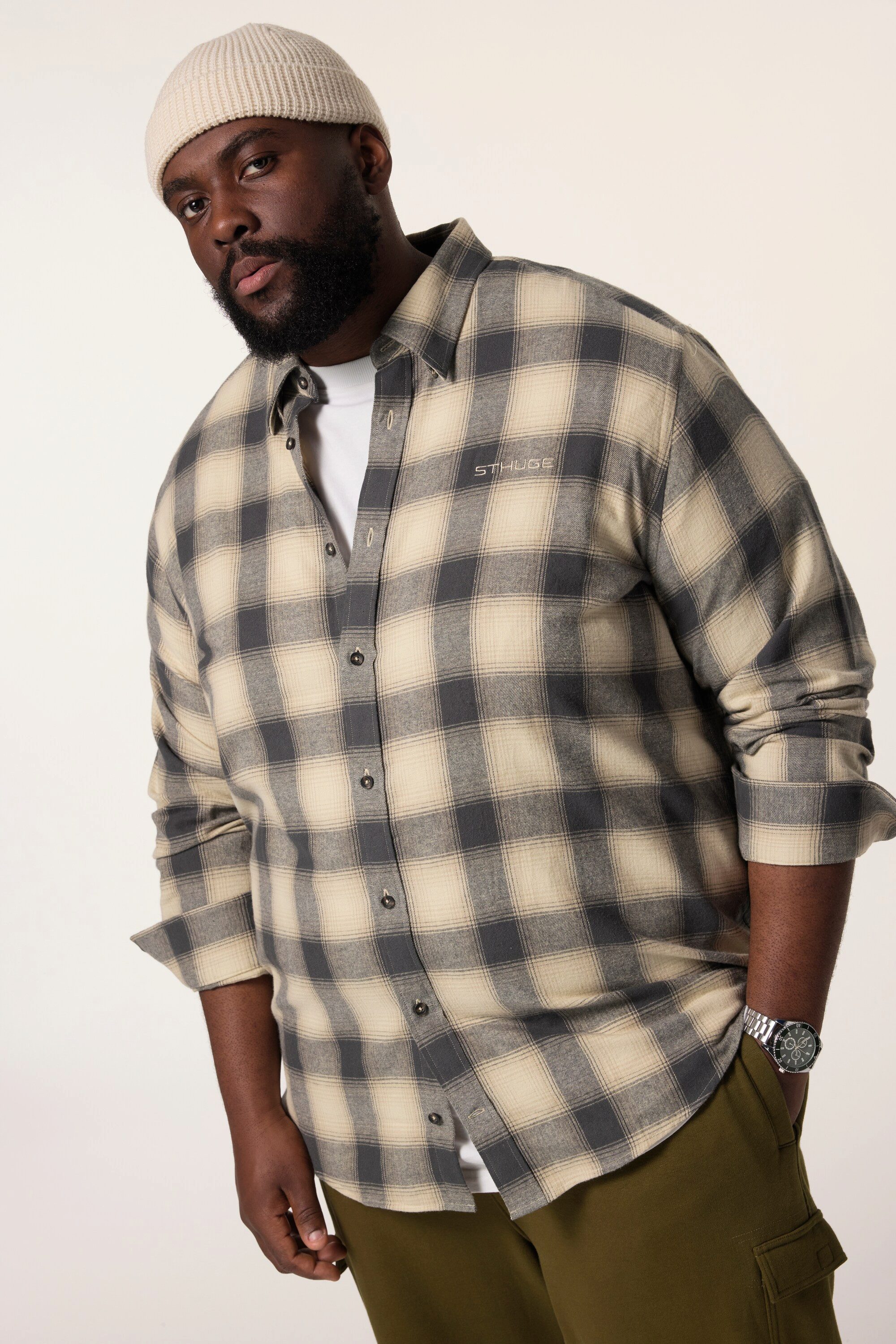 STHUGE Businesshemd Flanell-Karohemd Langarm covered Buttondown-Kragen