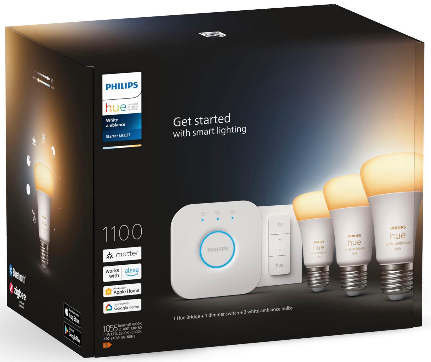 Philips Hue LED-Leuchtmittel White Ambiance 3er Starter Set inkl. Bridge + DimmerSwitch 800lm, E27, 5 St., Farbwechsler