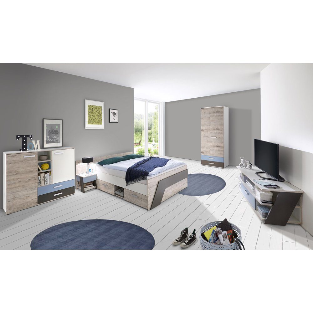 Lomadox Jugendzimmer-Set LEEDS-10, Denim weiß (Sparset, Lava und 6-tlg), mit Nb. Blau Sandeiche