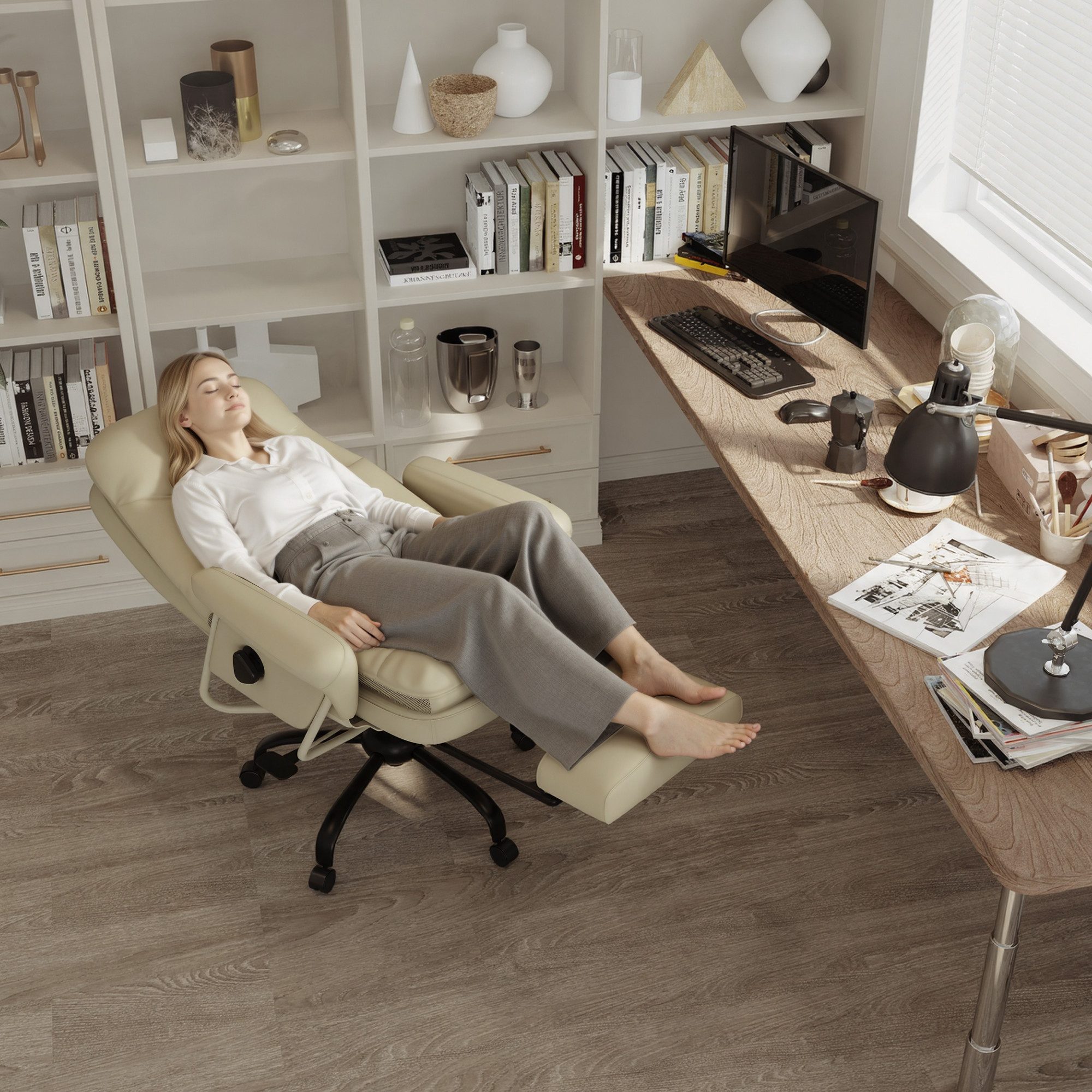 FLEXISPOT Drehstuhl 3-in-1 Ergonomischer Relax- & Bürostuhl mit 160° Liegefunktion (Ausziehbarer Fußstütze, Dickem PU-Komfortpolster und Höhenverstellung), Ideal zum Arbeiten, Entspannen & Mittagsschlaf Beige, HC4