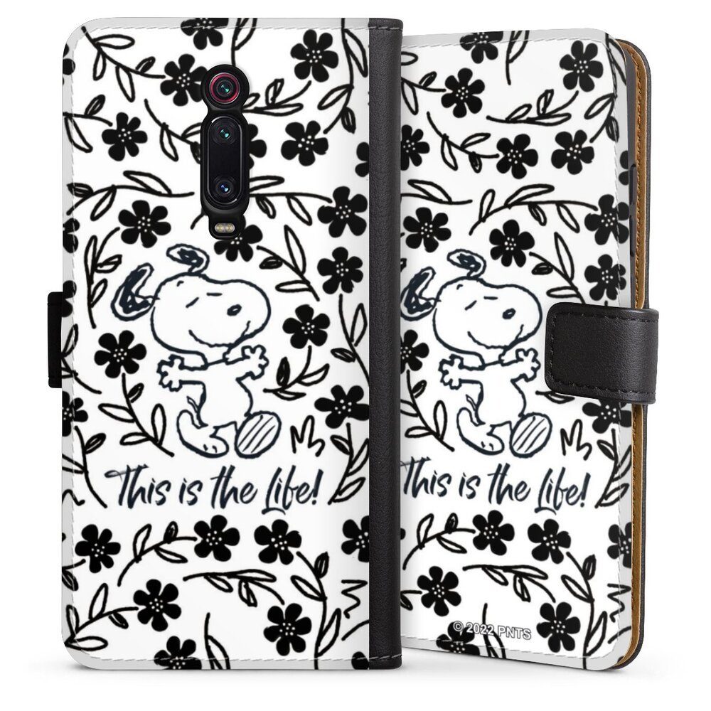 DeinDesign Handyhülle Peanuts Blumen Snoopy Snoopy Black and White This Is The Life, Xiaomi Mi 9T Hülle Handy Flip Case Wallet Cover Handytasche Leder